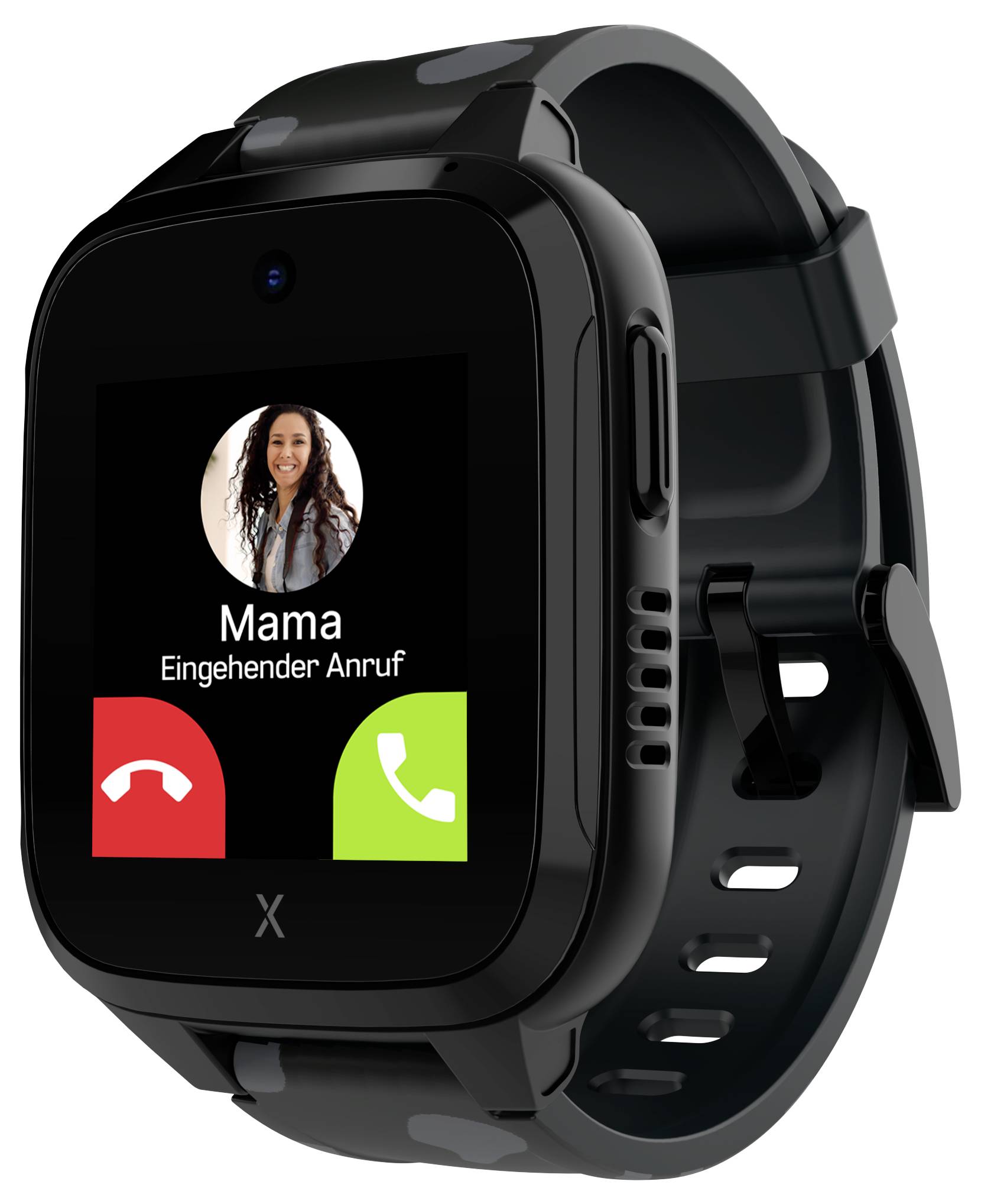 Eine Smartwatch zeigt einen eingehenden Anruf von 'Mama' mit Optionen zum Annehmen oder Ablehnen des Anrufs.