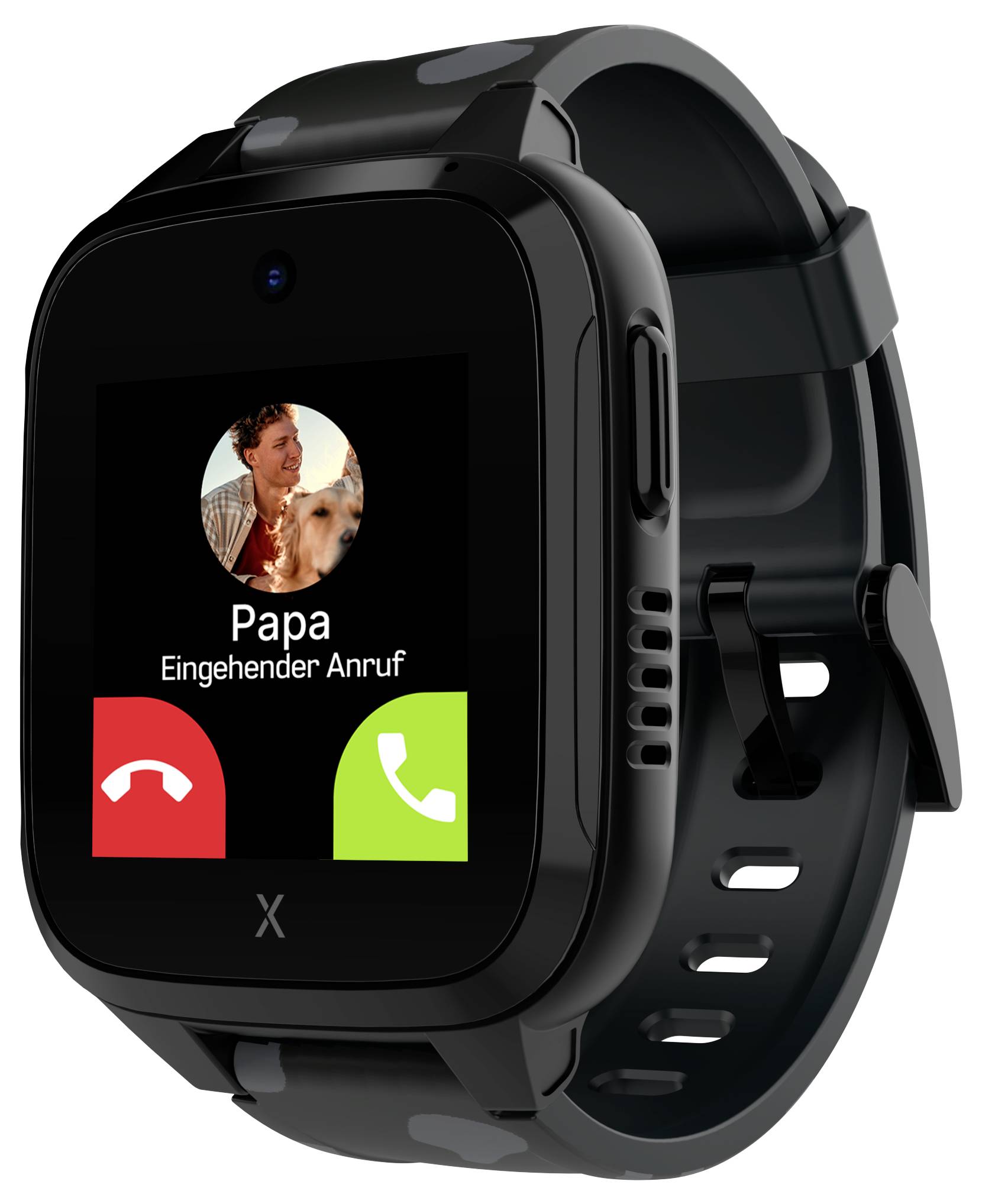 Eine Smartwatch zeigt einen eingehenden Anruf von 'Papa' an. Zwei Schaltflächen: rot zum Ablehnen, grün zum Annehmen des Anrufs.