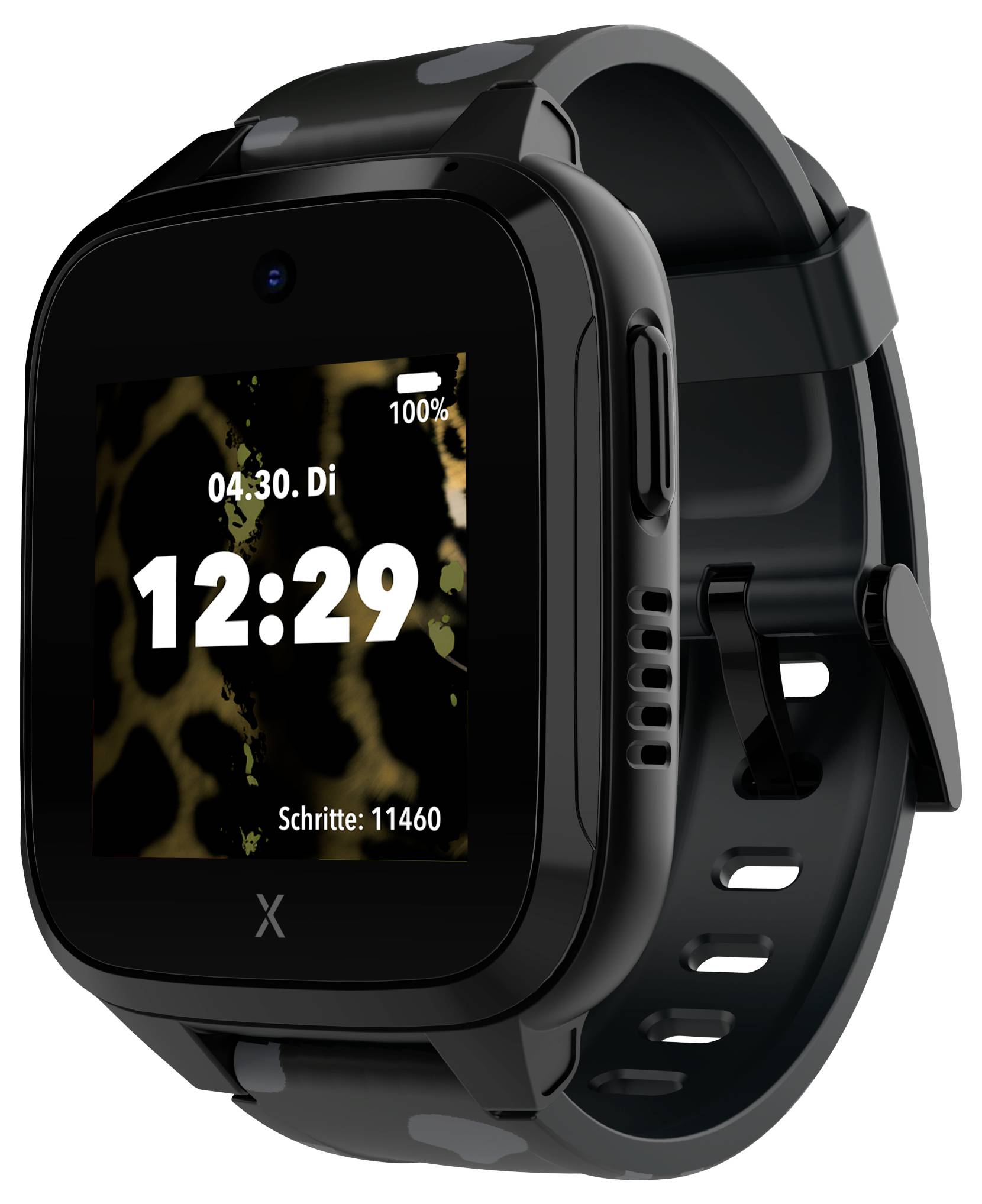 Eine Smartwatch mit schwarzem Armband zeigt die Zeit '12:29', Datum 'Di, 04:30', Batteriestand 100% und Schritte: 11460 an.