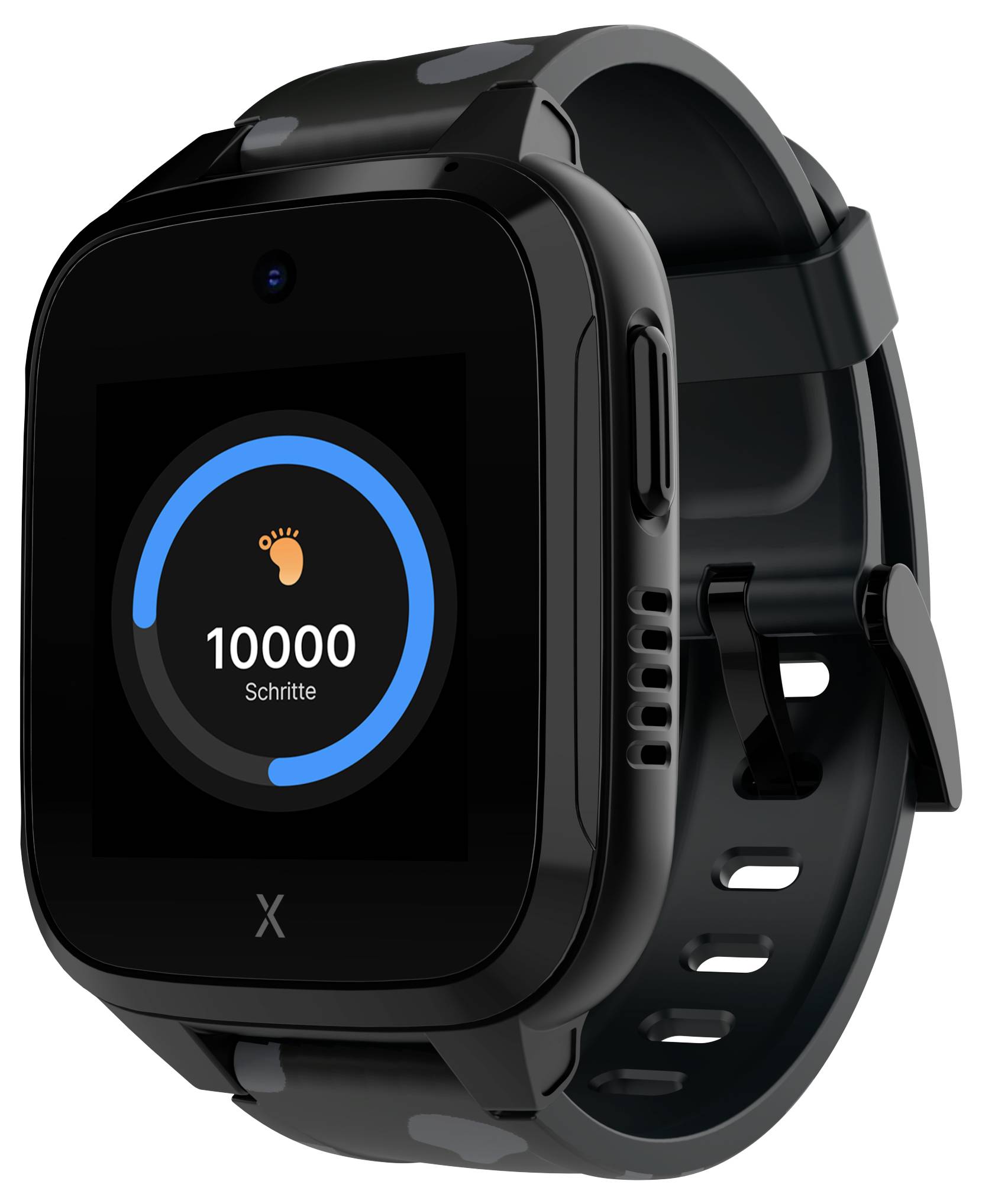 Schwarze Smartwatch mit Anzeige von '10000 Schritte' und einem orangefarbenen Fußsymbol auf dem Bildschirm.