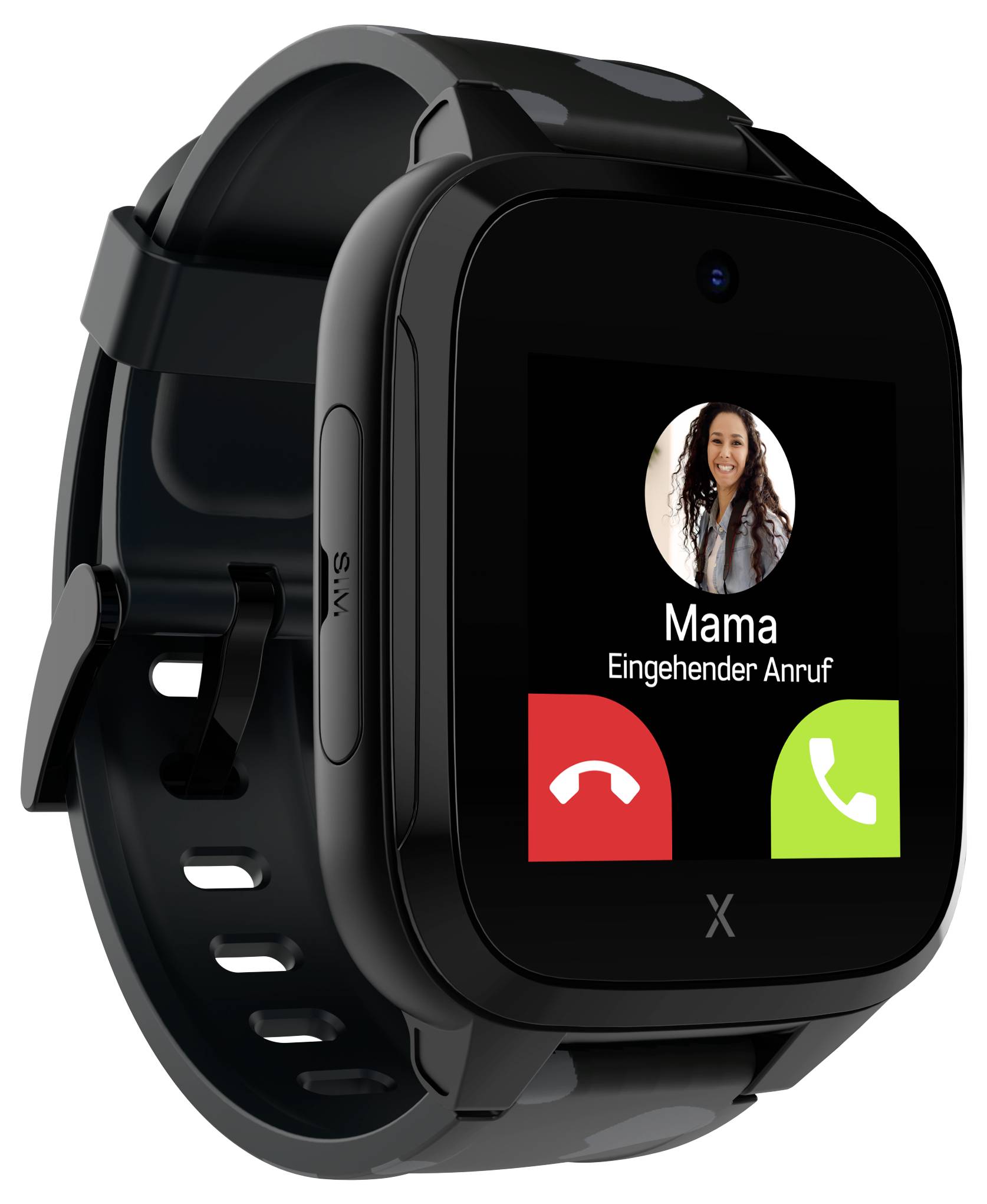 Schwarze Smartwatch zeigt eingehenden Anruf von 'Mama', mit roten und grünen Taste zum Annehmen oder Ablehnen.