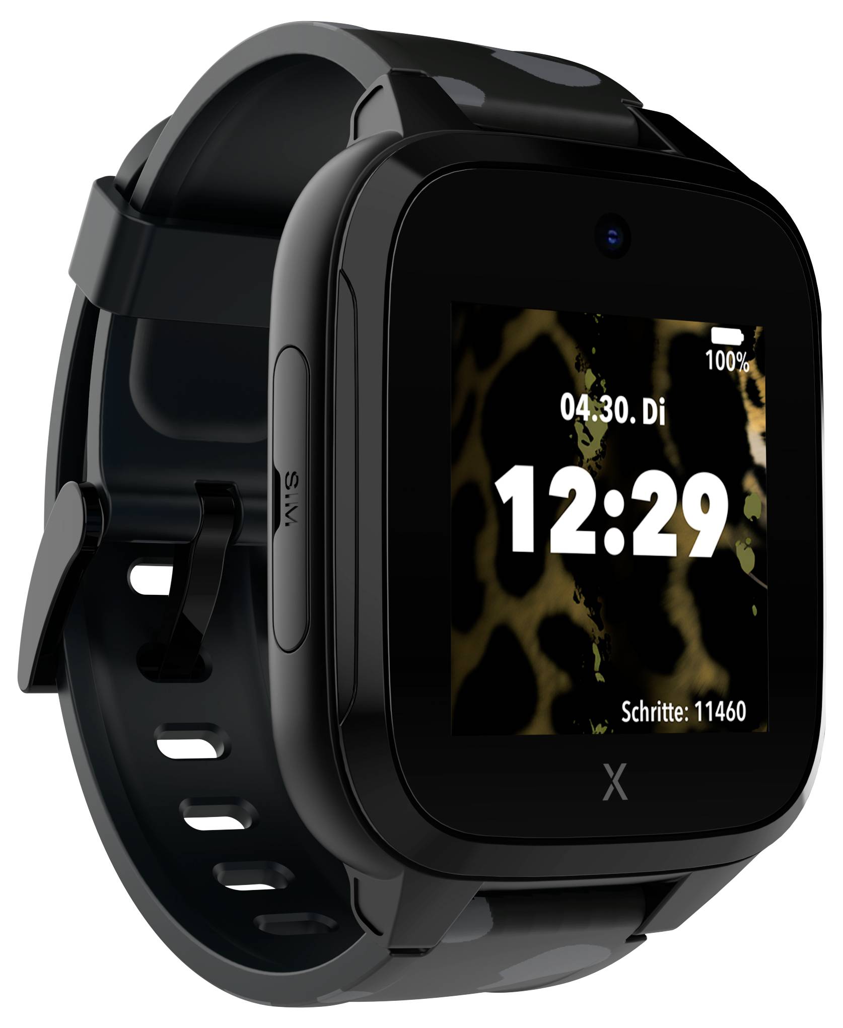 Schwarze Smartwatch mit Leopardenmuster-Hintergrund auf dem Display. Zeigt die Uhrzeit 12:29, Datum: 04.30. Di, Schritte: 11.460.