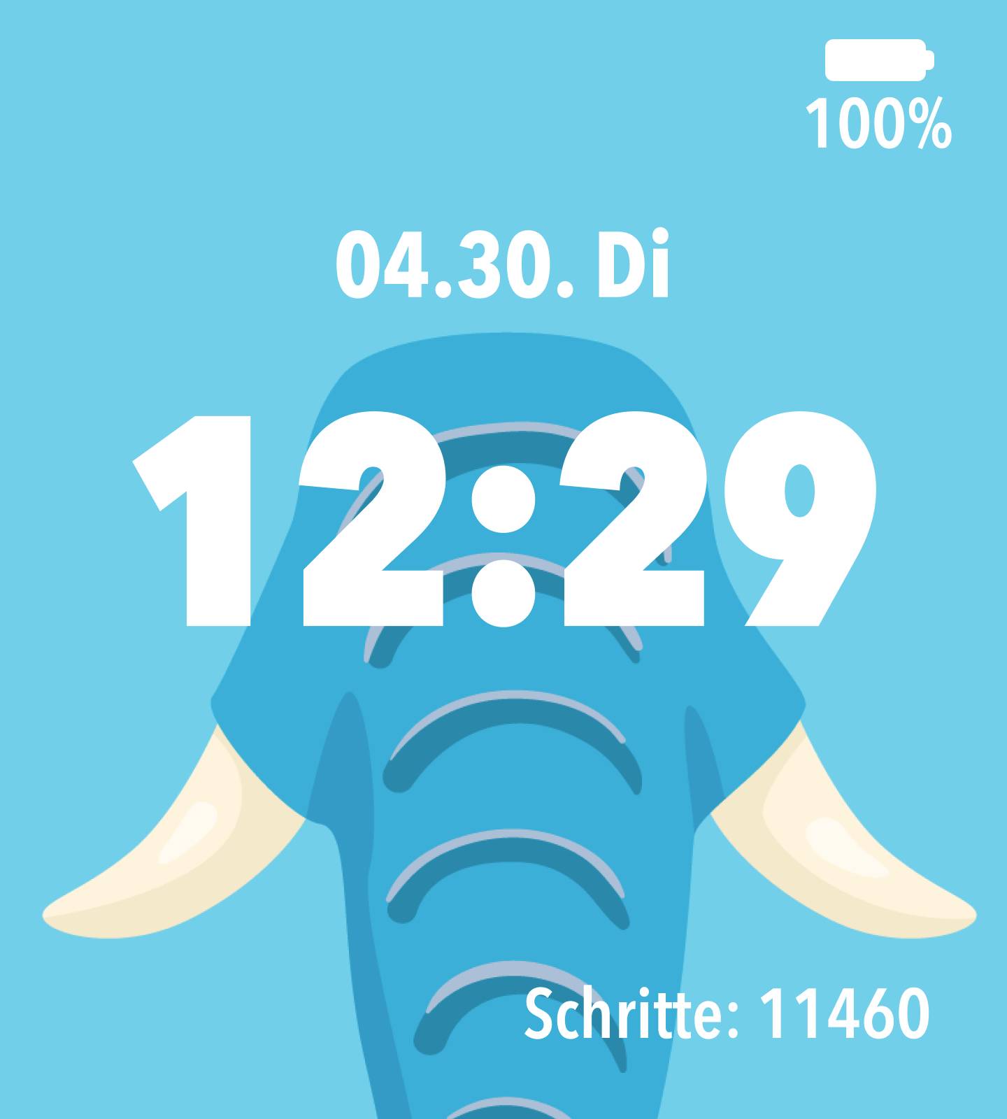 '12:29 Uhr, 04.30. Di' auf einem blauen Hintergrund mit Elefantenmotiv. Batterieanzeige 100%, Schritte: 11.460.