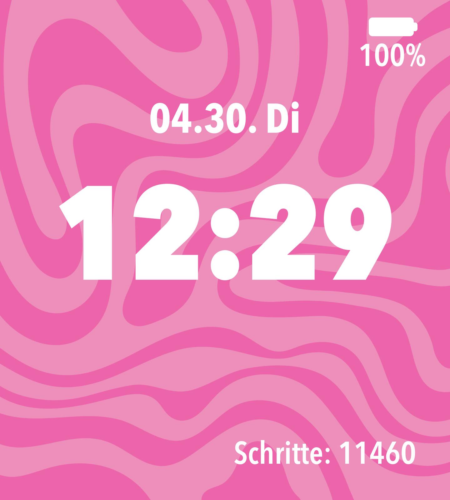 Bildschirmanzeige mit Datum '04.30. Di', Uhrzeit '12:29', Batterie '100%' und Schritte '11460' auf rosa Hintergrund mit Wellenmuster.