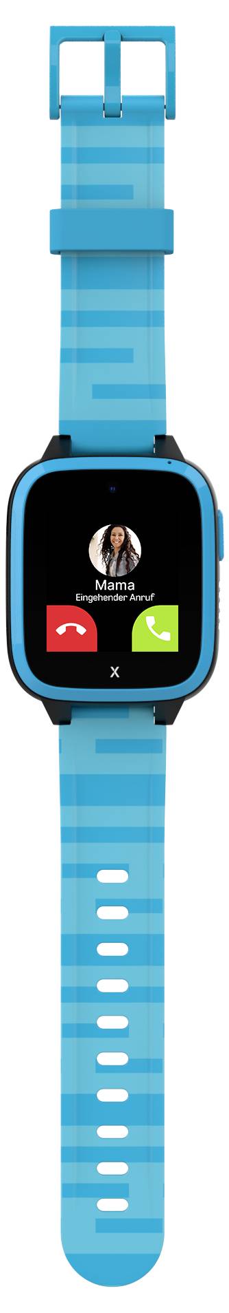 Eine blaue Smartwatch mit Anrufanzeige auf dem Bildschirm, zeigt zwei Knöpfe: rot für 'Anruf ablehnen' und grün für 'Anruf annehmen'.