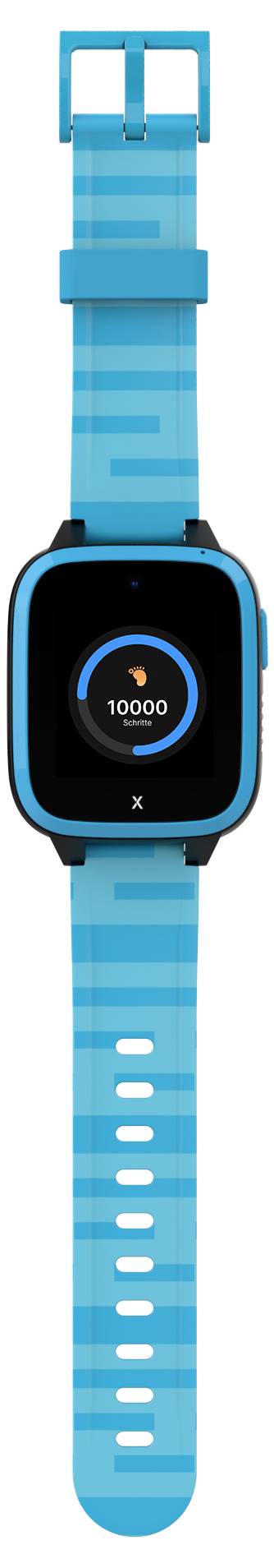 Eine blaue Smartwatch mit Schrittzähleranzeige. Der Bildschirm zeigt '10.000 Schritte' an.