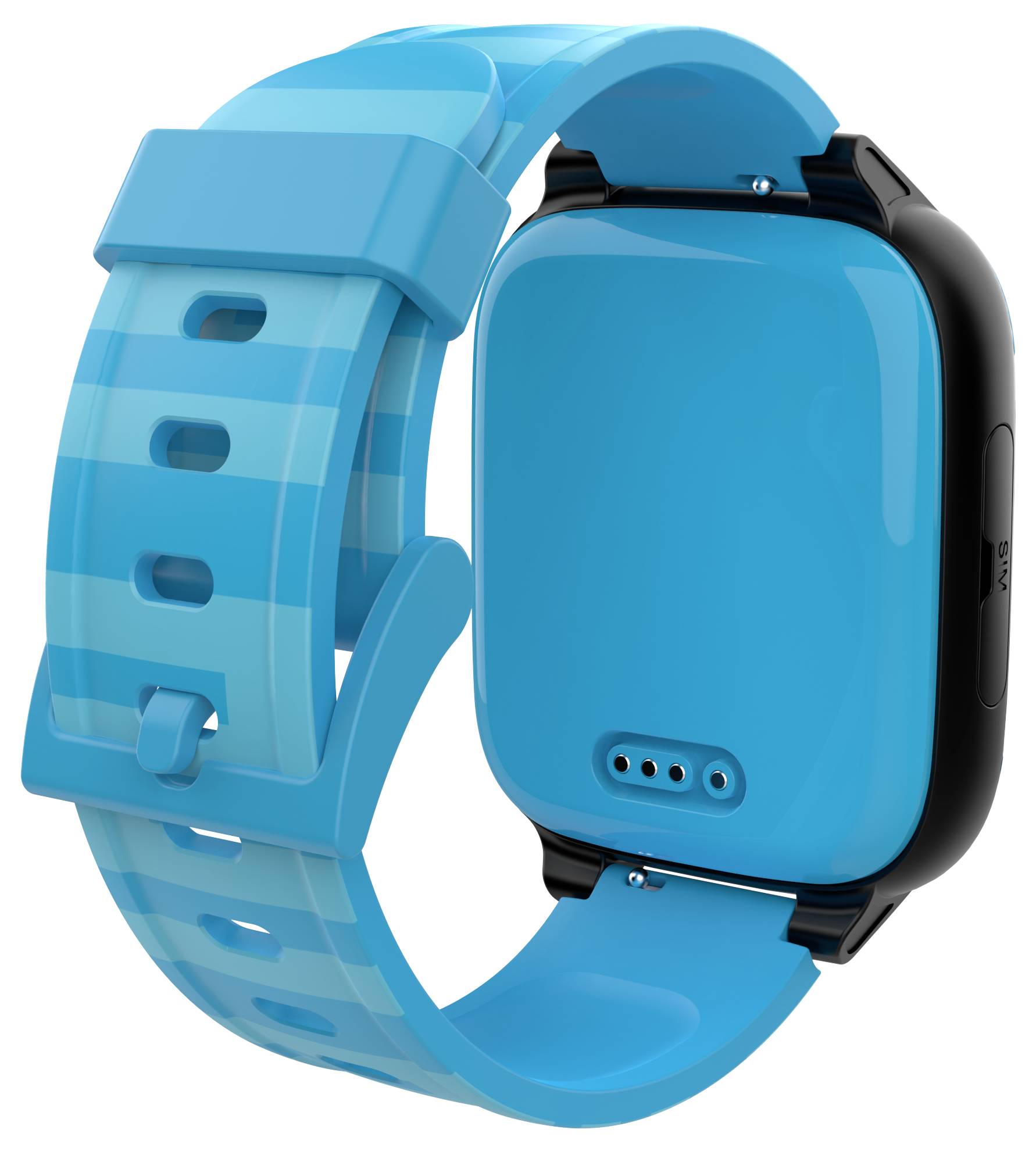 Eine blaue Smartwatch mit einem abgerundeten quadratischen Design und einem passenden blauen Armband.
