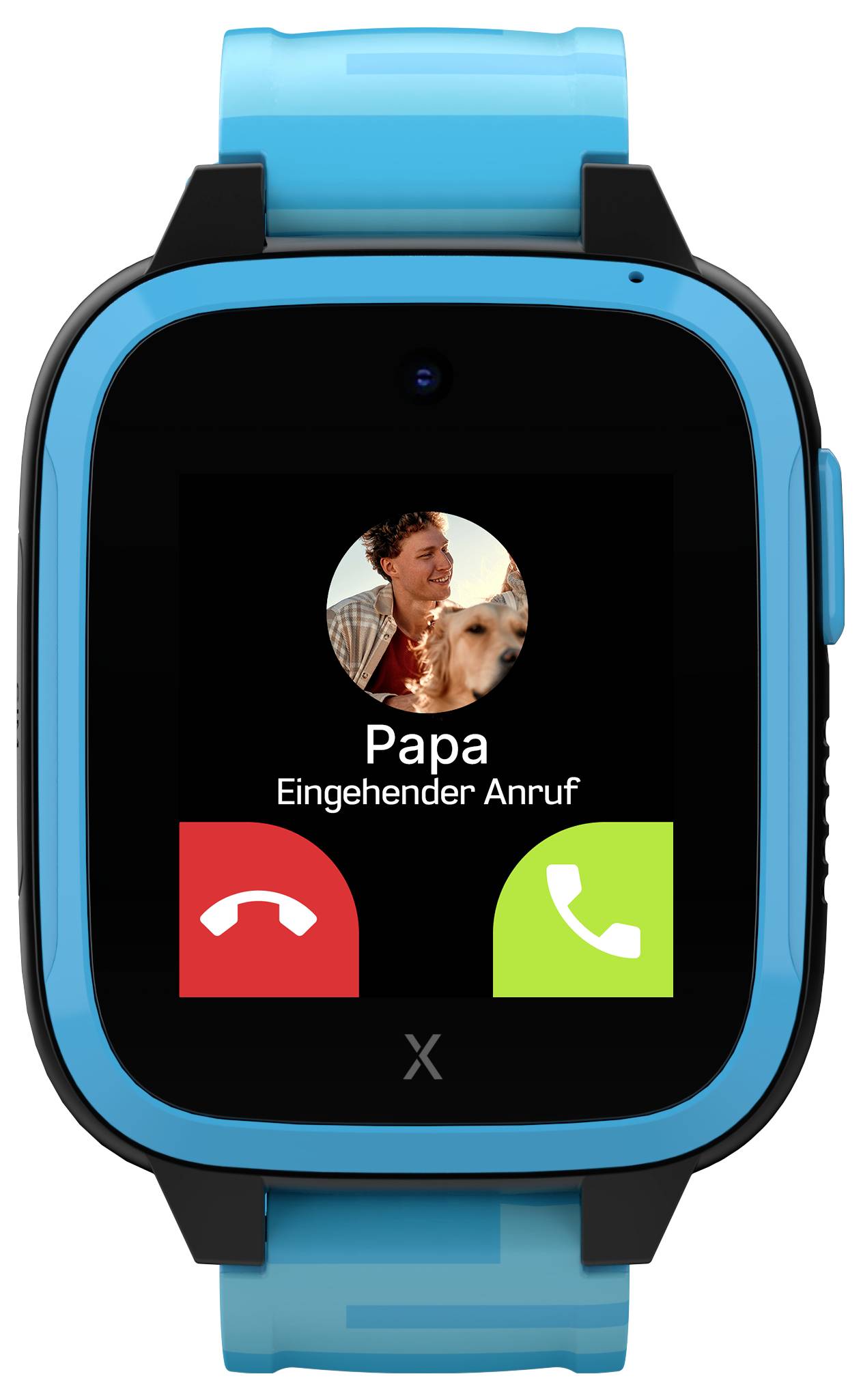 Smartwatch mit blauem Armband zeigt einen eingehenden Anruf von 'Papa'. Zwei Schaltflächen: rot zum Ablehnen, grün zum Annehmen des Anrufs.