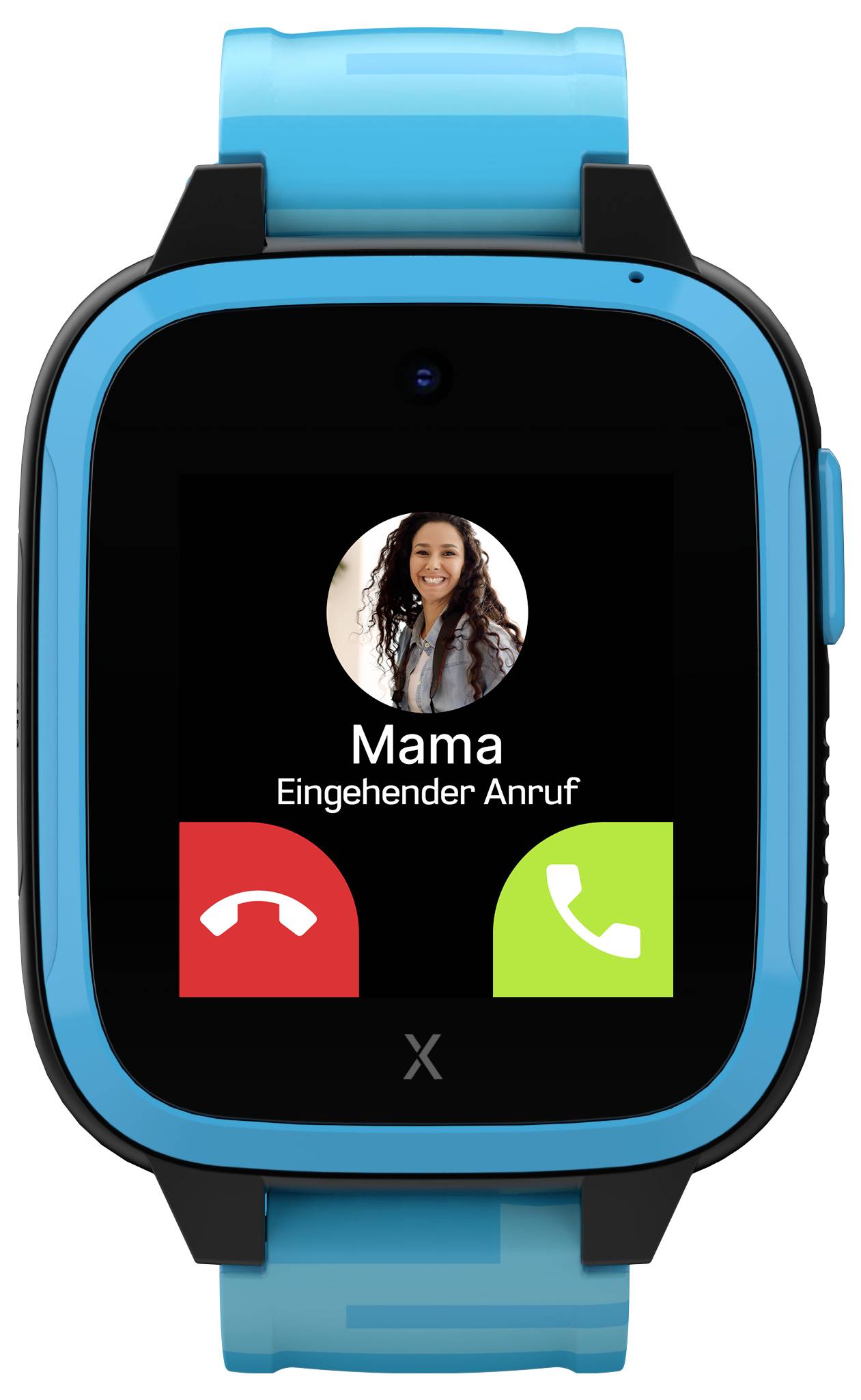 Smartwatch mit blauem Armband zeigt eingehenden Anruf von 'Mama' auf dem Bildschirm an, mit Optionen zum Annehmen oder Ablehnen.
