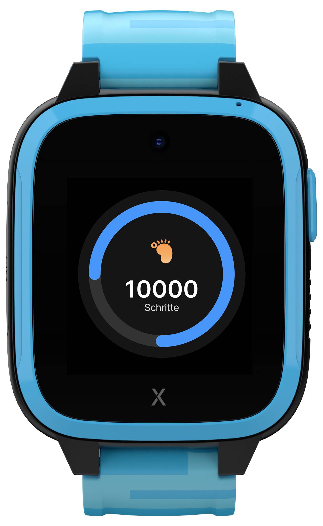 Blaue Smartwatch mit einem Bildschirm, der 10.000 Schritte anzeigt, symbolisiert tägliches Fitnessziel.
