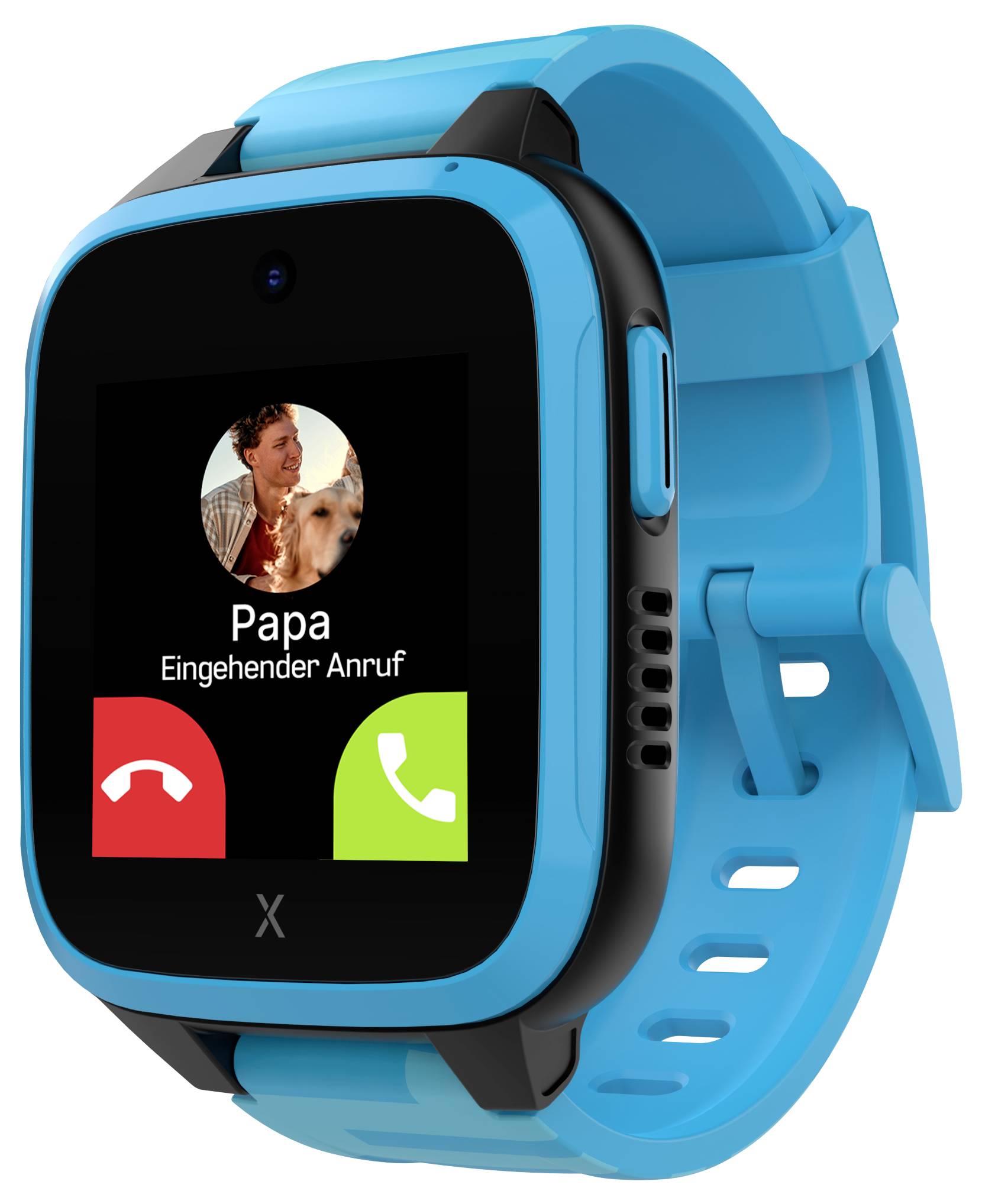 Eine blaue Smartwatch für Kinder zeigt einen eingehenden Anruf von 'Papa' an. Auf dem Display sind grüne und rote Anruftasten.