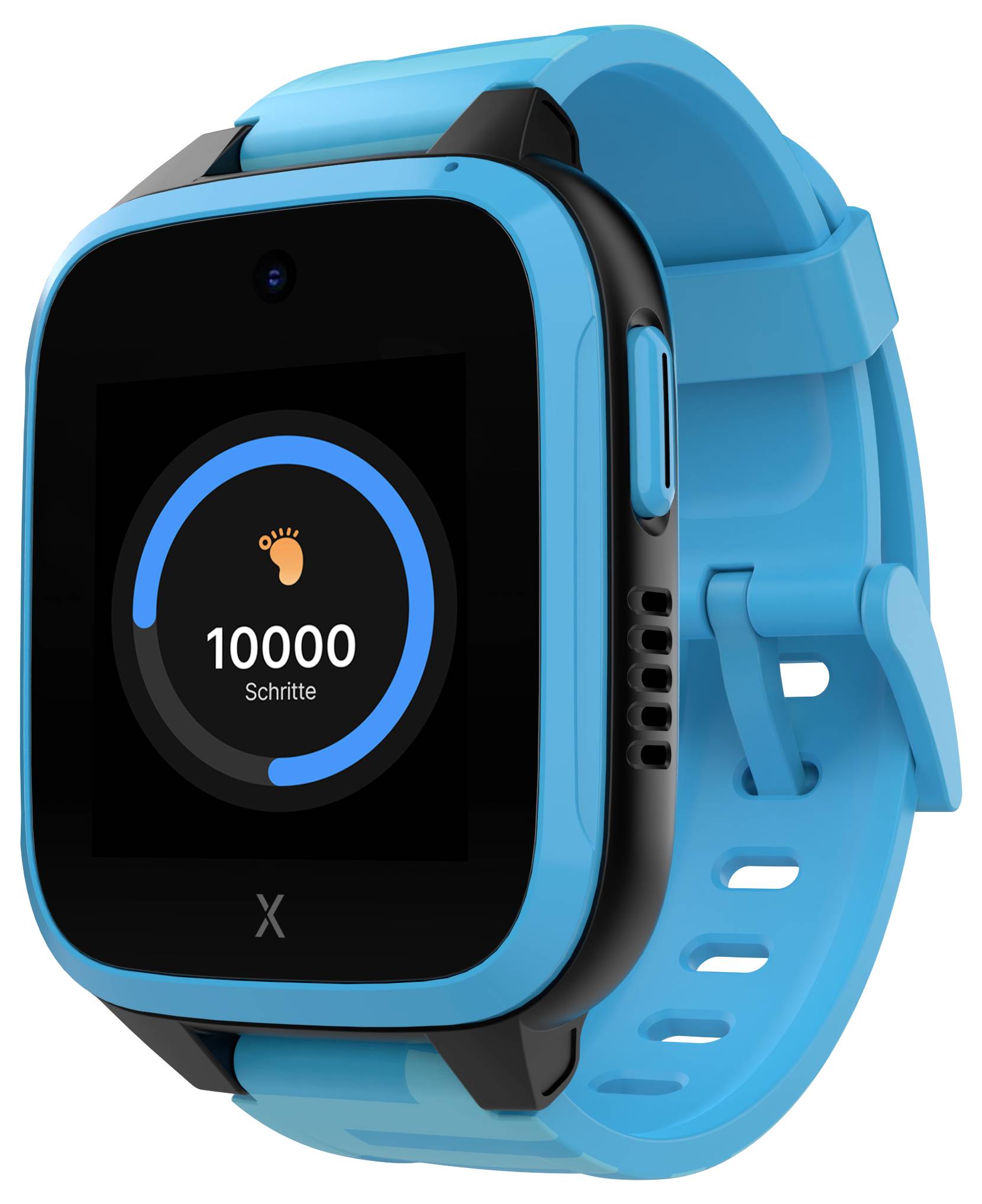 Eine blaue Smartwatch zeigt auf dem Bildschirm '10.000 Schritte' mit einem grafischen Kreisdiagramm.