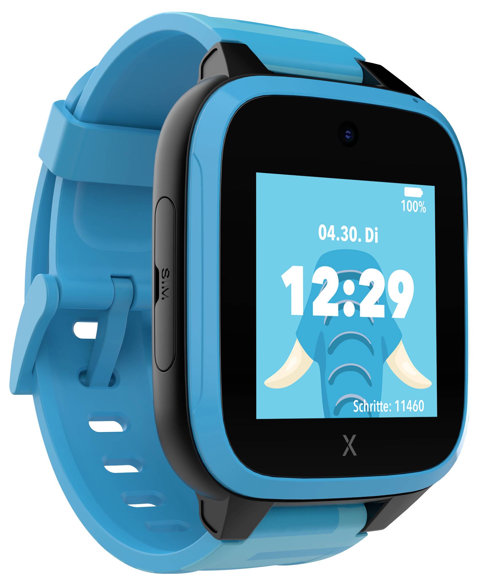 Blaue smartwatch für Kinder mit Touchscreen, zeigt Uhrzeit 12:29, Datum 04.30. Di, Schritte 11460. Geringer Energieverbrauch.