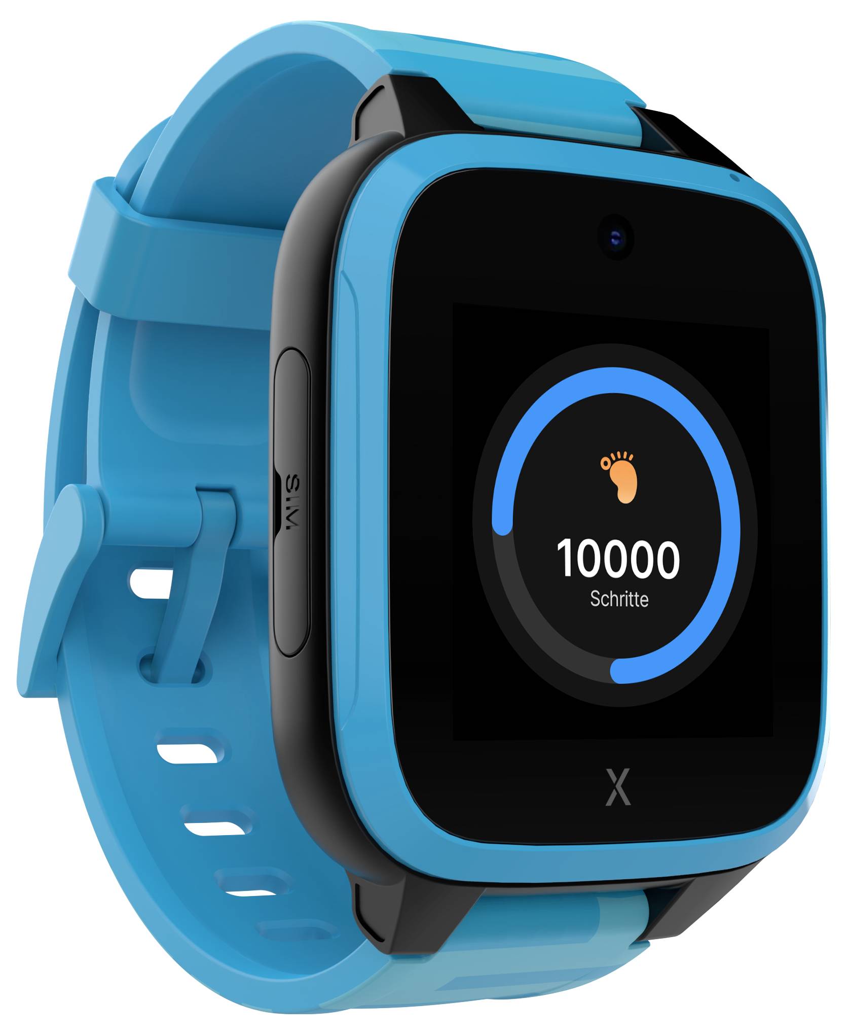 Smartwatch mit blauem Armband zeigt 10.000 Schritte auf dem Display an.