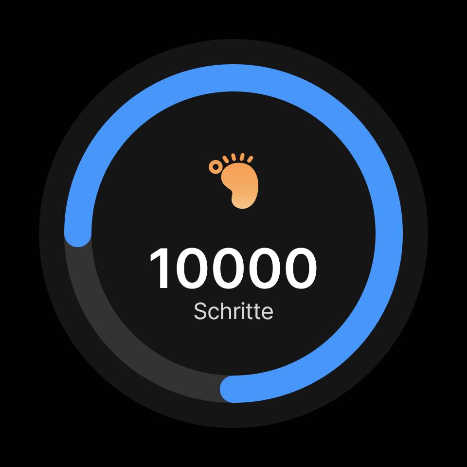 Fortschrittsanzeige mit 10.000 Schritten erreicht. Blauer Kreis zeigt Zielerreichung an.