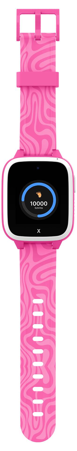 Eine pinke Smartwatch mit gemustertem Armband zeigt einen Schrittzähler an, der 10.000 Schritte erreicht hat.