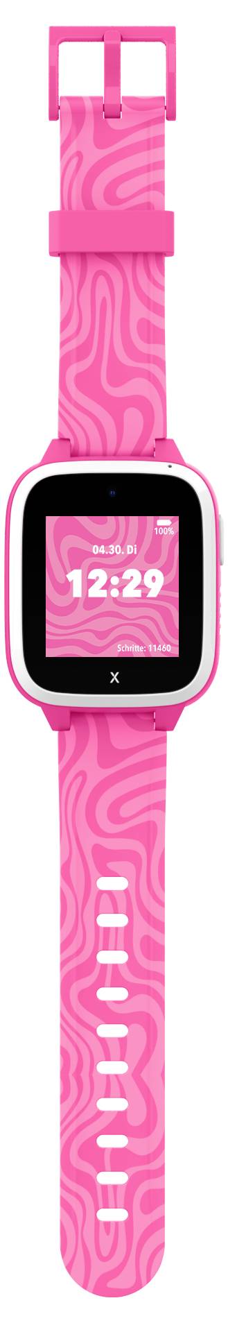 Eine pinke Smartwatch für Kinder mit digitaler Uhranzeige und gemustertem Armband zeigt die Uhrzeit '12:29' an.