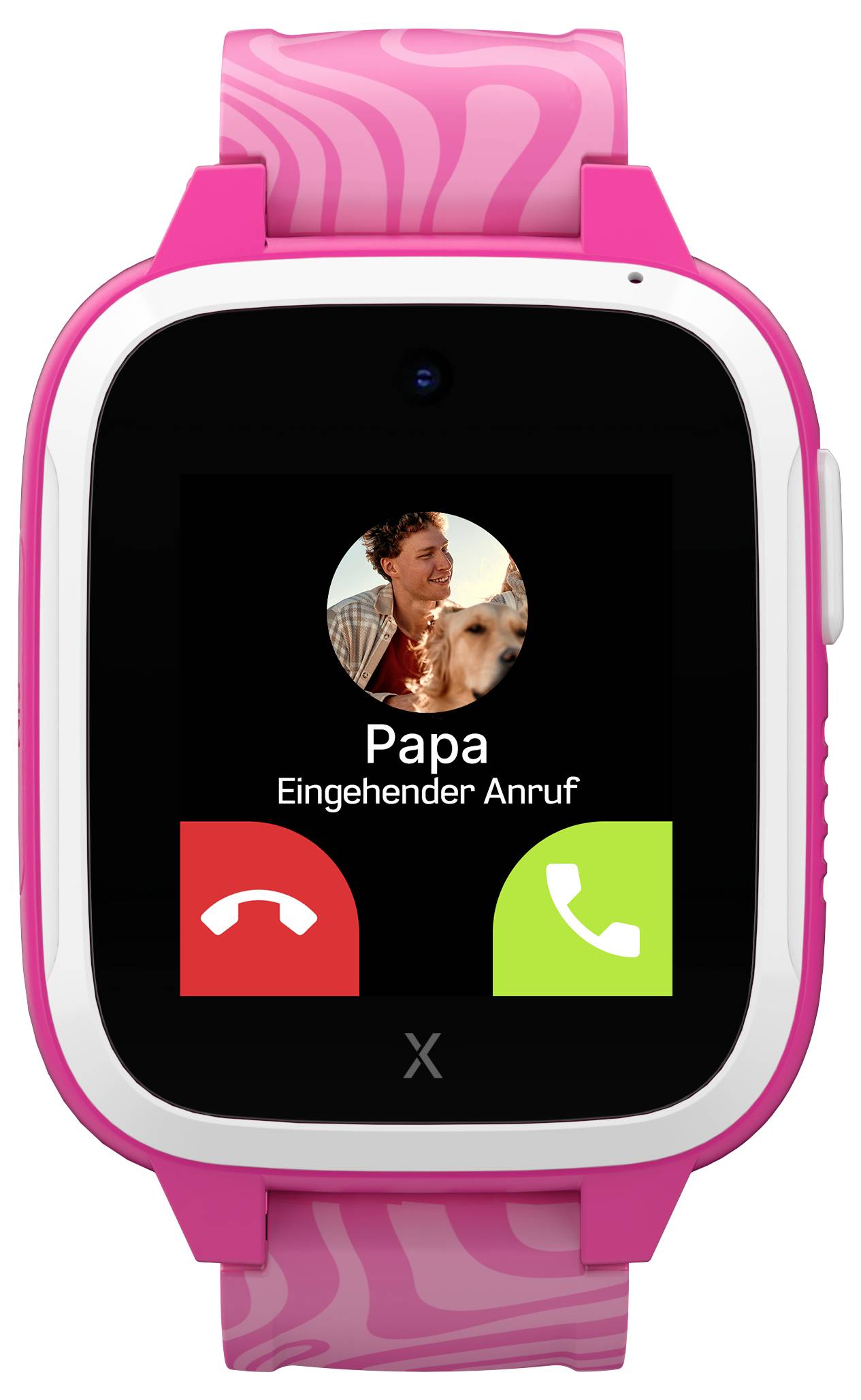 Smartwatch mit rosa Armband zeigt einen eingehenden Anruf von 'Papa'. Zwei Tasten: Ablehnen (rot) und Annehmen (grün).