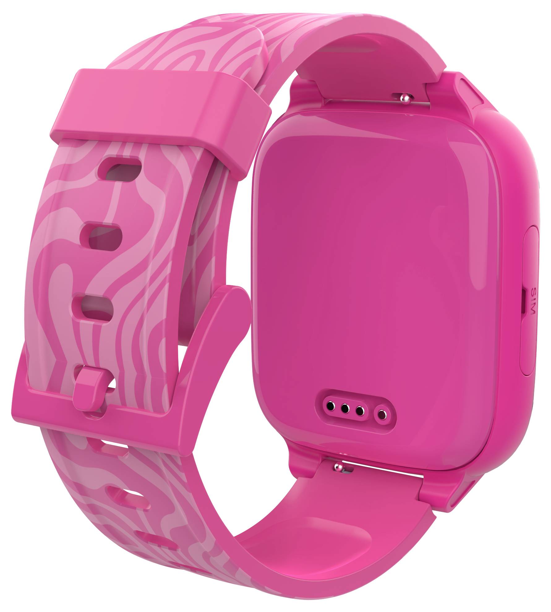 Eine pinke Smartwatch mit gemustertem Armband. Rückansicht zeigt Ladeanschlüsse und detailreiches Design.