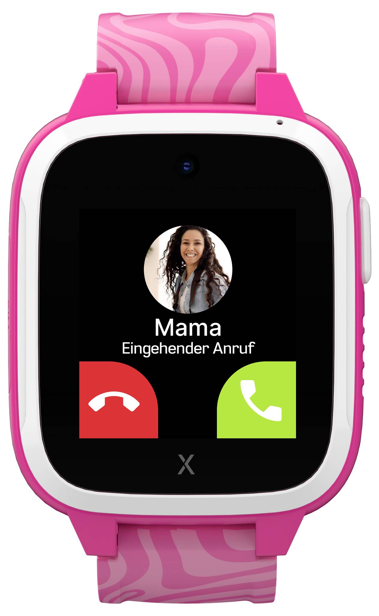 Eine Smartwatch mit rosa Armband zeigt einen eingehenden Anruf von 'Mama' an. Zwei Buttons: rot zum Ablehnen, grün zum Annehmen.