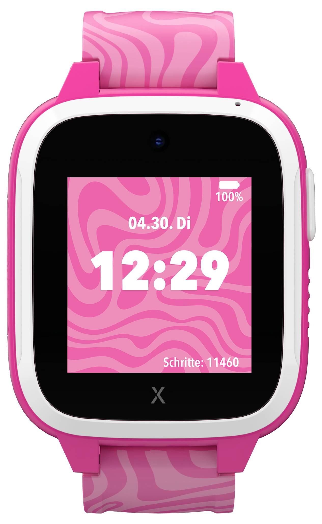 Eine pinke Smartwatch mit einem wellenförmigen Hintergrund zeigt die Uhrzeit 12:29, das Datum 30. April und 11.460 Schritte an.