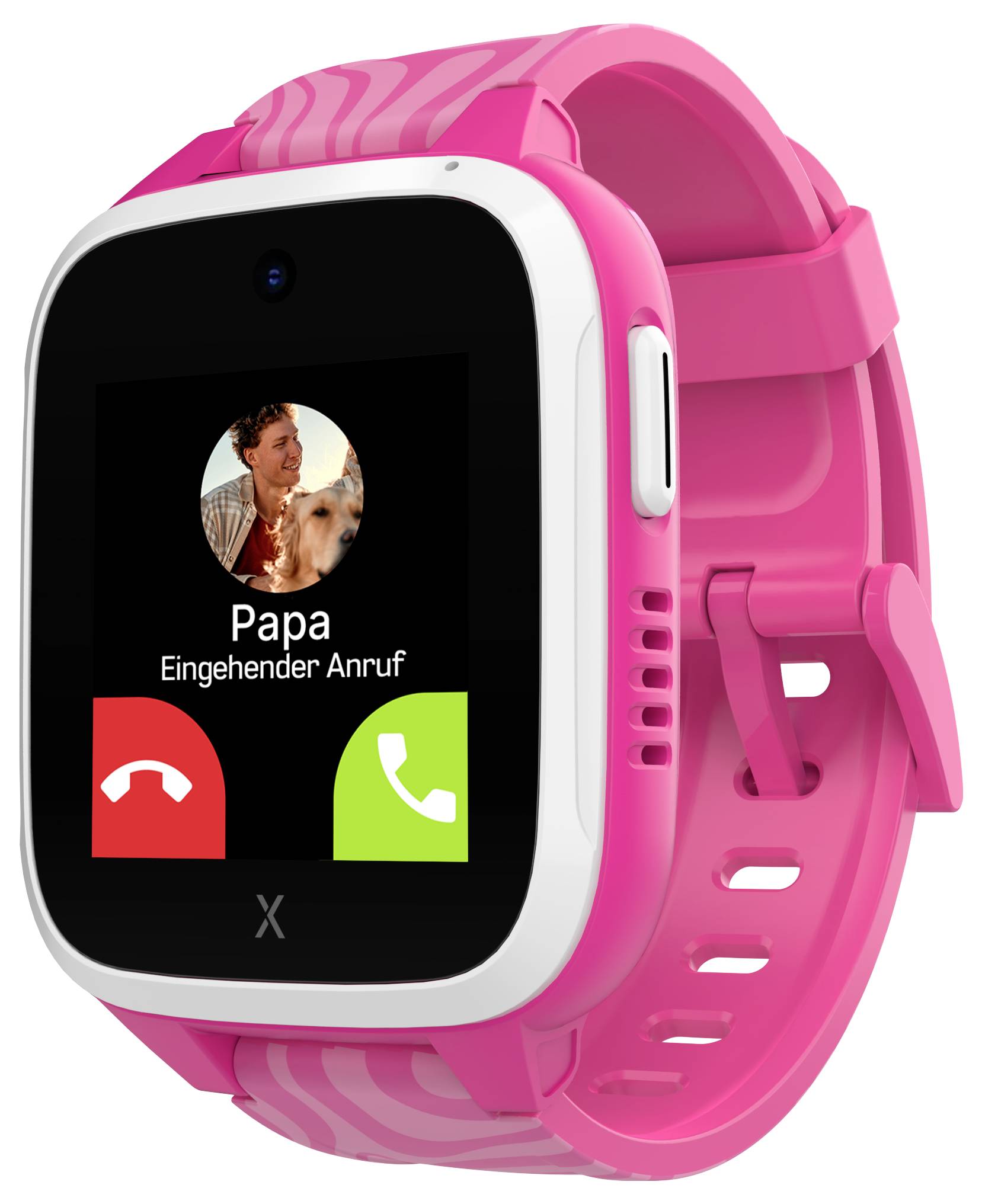 Eine pinke Smartwatch zeigt einen eingehenden Anruf von 'Papa'. Auf dem Display sind Symbole für Annehmen und Ablehnen zu sehen.