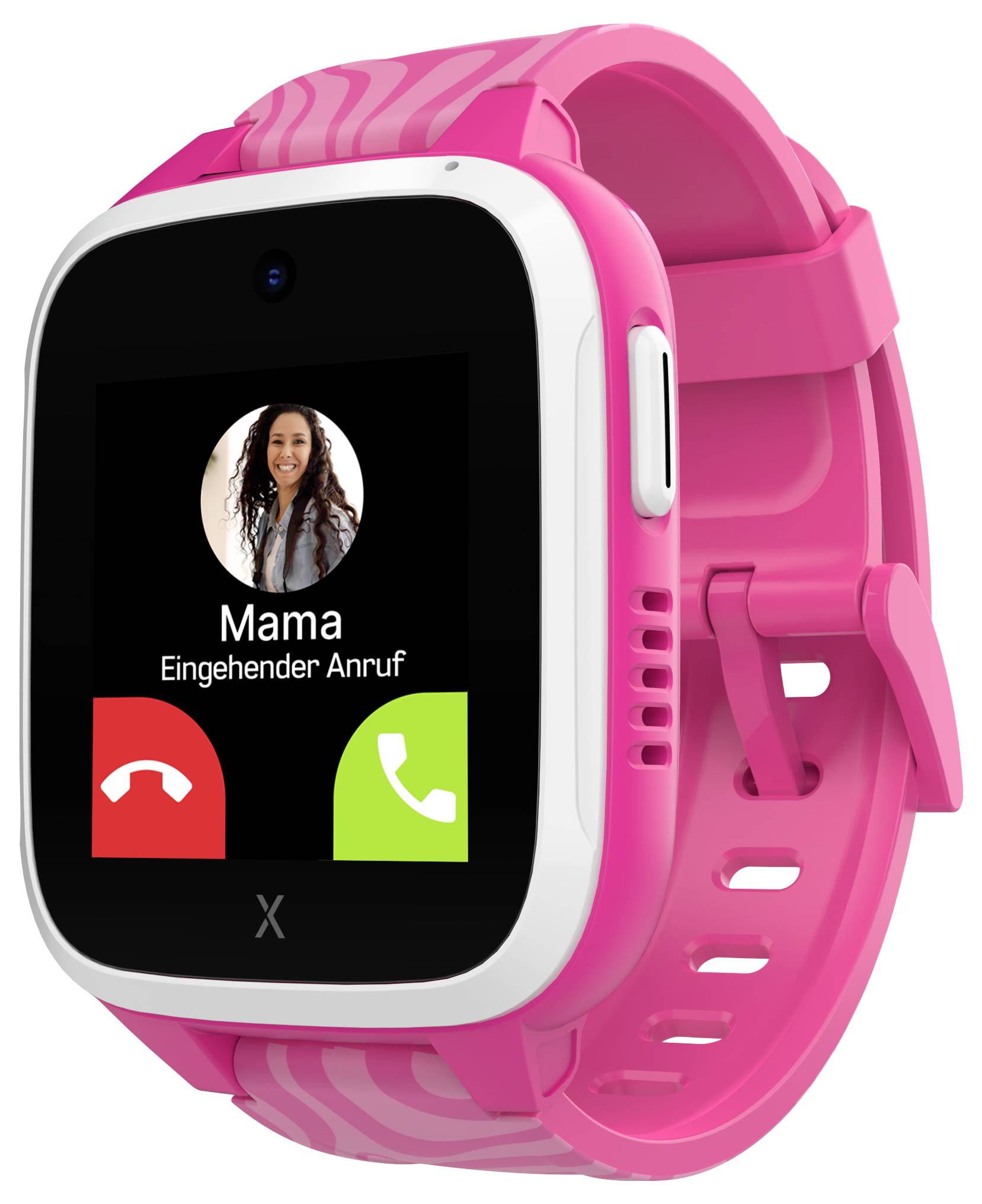 Smartwatch in Pink zeigt eingehenden Anruf von 'Mama' an. Optionen für annehmen oder ablehnen werden mit grünen und roten Schaltflächen angezeigt.