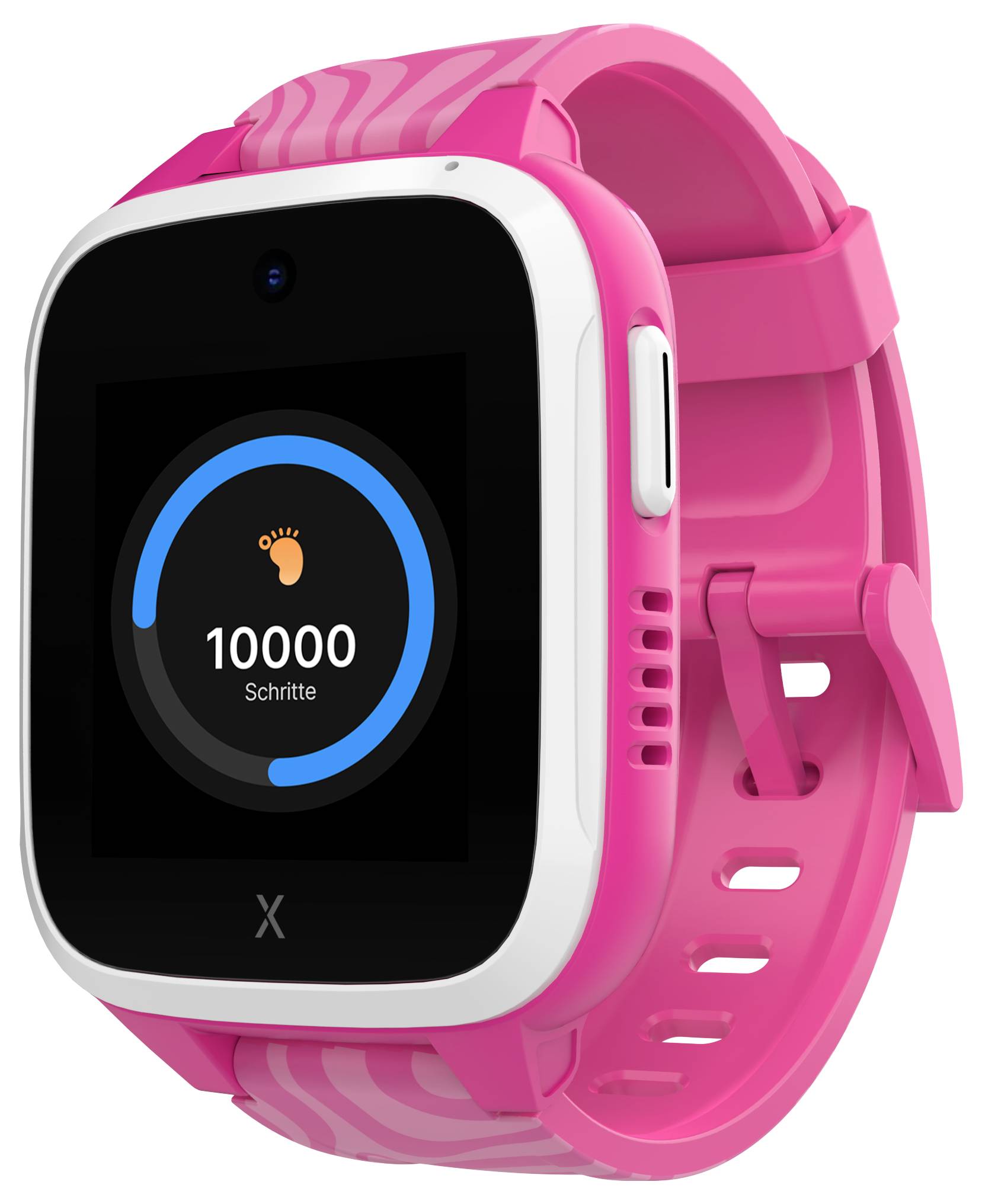 Eine pinkfarbene Smartwatch zeigt einen Schrittzähler an, der 10.000 Schritte mit einem blauen Kreis um einen Fußabdruck symbolisiert.