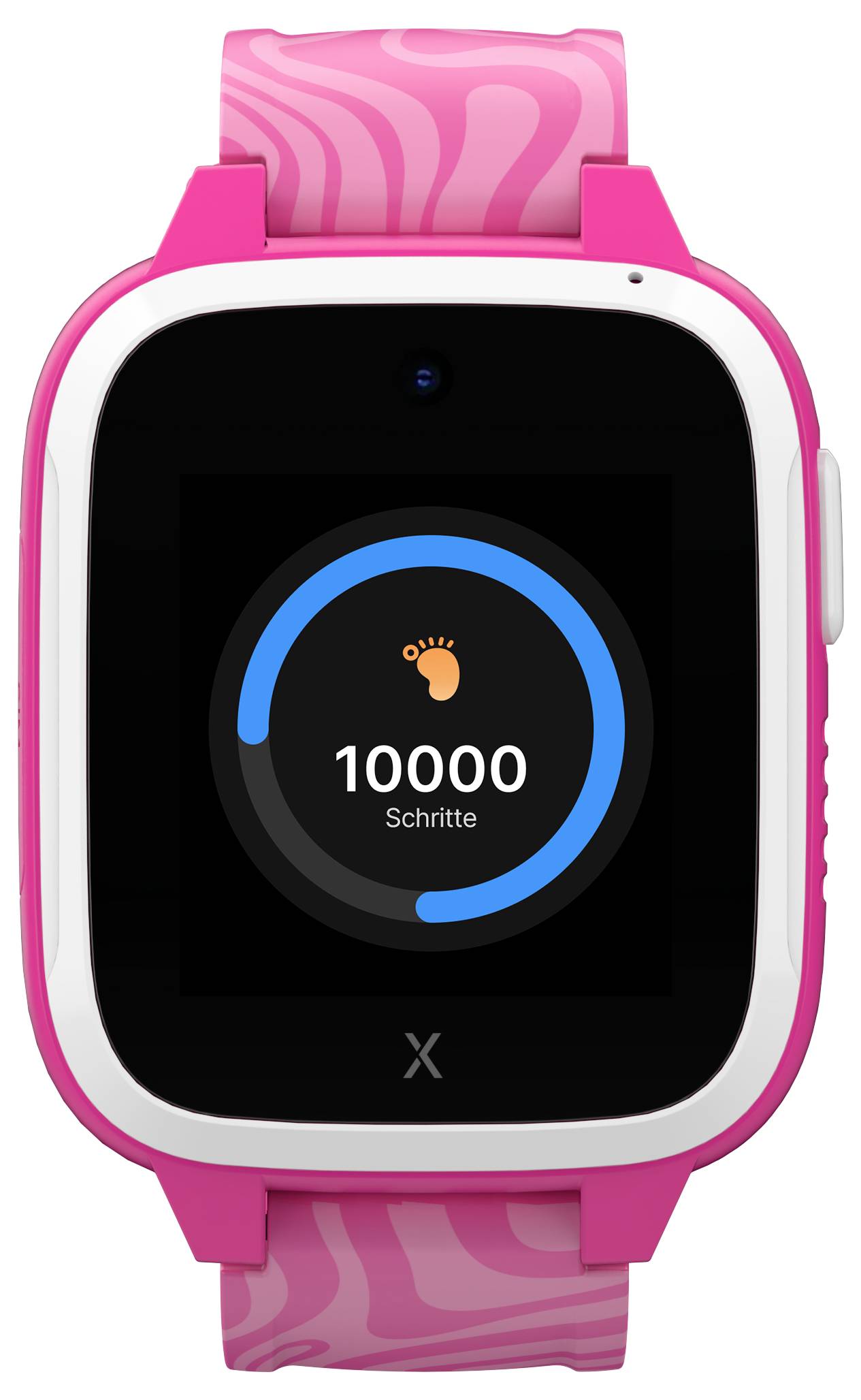 Eine pinke Smartwatch zeigt auf dem Bildschirm '10000 Schritte' mit einem blauen Fortschrittsbalken.