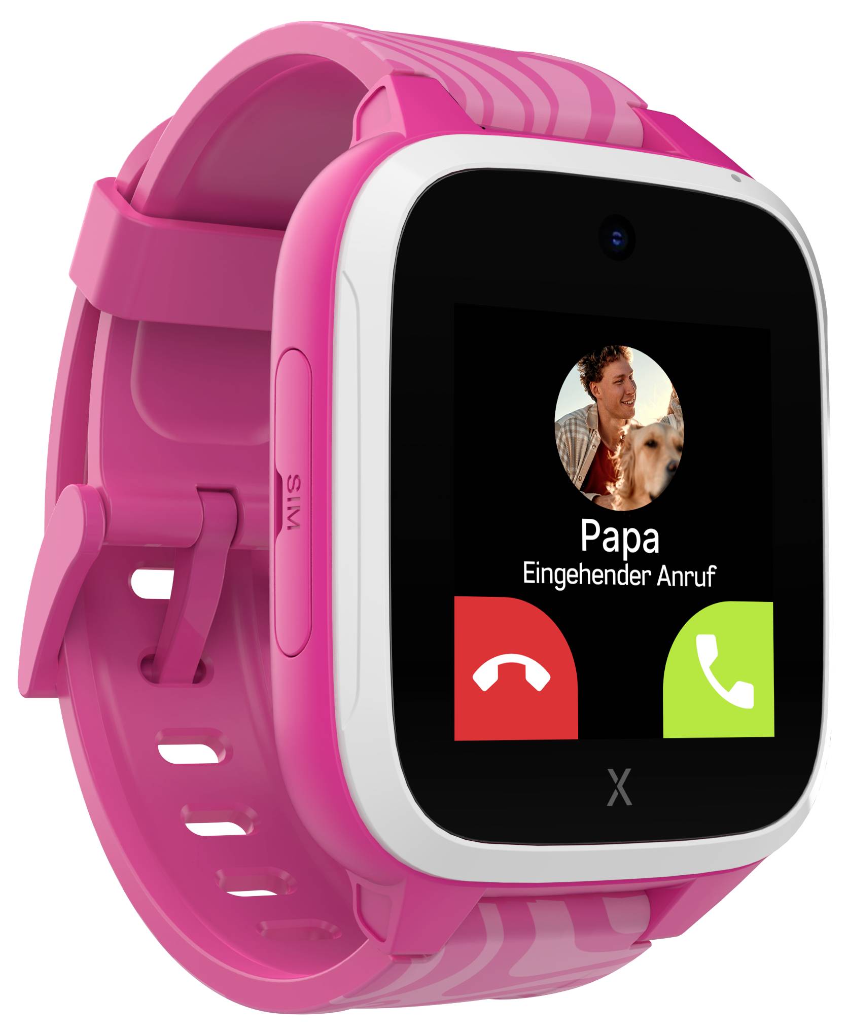 Eine pinke Smartwatch zeigt einen eingehenden Anruf von 'Papa' an, mit grünen und roten Schaltflächen zum Annehmen oder Ablehnen.