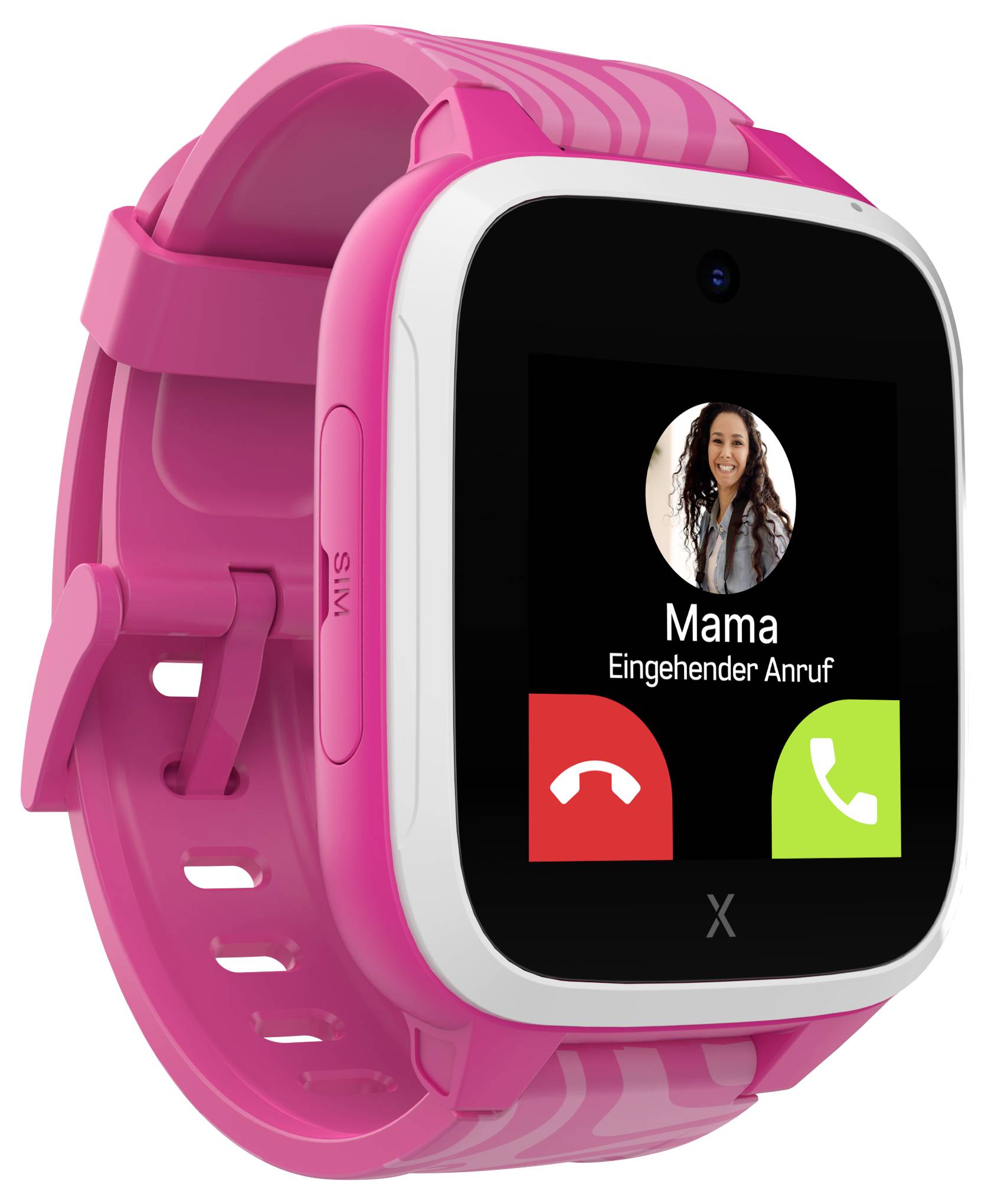 Smartwatch in Pink mit Anrufanzeige; ‘Mama, Eingehender Anruf’ und grüne sowie rote Anrufsteuerungstasten sichtbar.