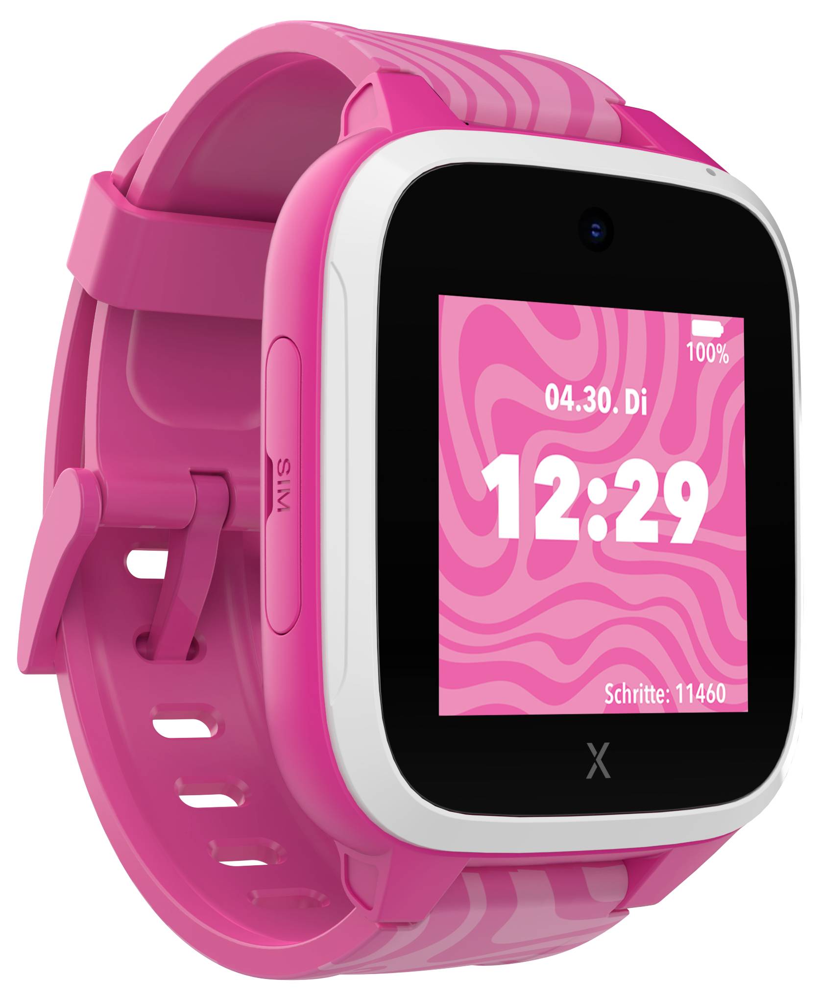 Smartwatch in Pink mit großem Display, zeigt 12:29 Uhr, Datum 04.30. Di, 100% Akku, Schritte 11460. Zusatzknöpfe und SIM-Schlitz sichtbar.