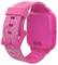 Elektronische rosa Armbanduhr mit glattem Zifferblatt und gemustertem Armband, gezeigt aus Seitenansicht.