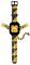 Digitale Armbanduhr mit gelb-schwarzem Streifenmuster, das wie ein Tiger aussieht. Das Zifferblatt zeigt die Zeit 12:29 an.