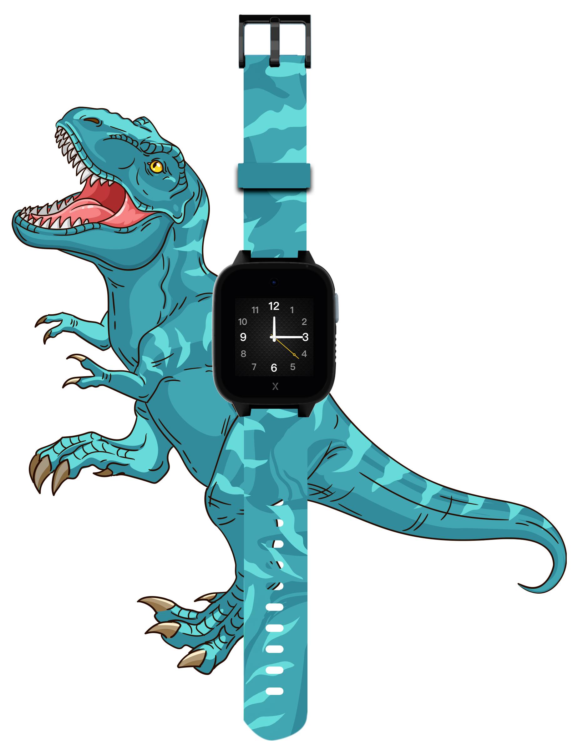 Ein blaues Dinosaurier-Spielzeug, das eine Armbanduhr darstellt, mit einem aufgedruckten Zifferblatt auf dem Körper des Dinosauriers.