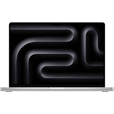Laptop mit schwarzem Bildschirmhintergrund, der ein geometrisches Muster aus geschwungenen Linien zeigt.