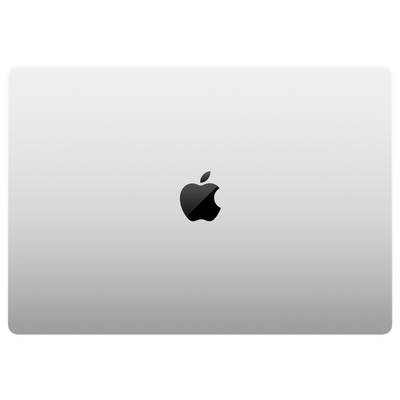 Silberfarbener Laptop mit einem schwarzen, angebissenen Apfel-Logo in der Mitte.