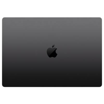 Ein Laptopdeckel in dunklem Grau mit einem applizierten Apfellogo in der Mitte.