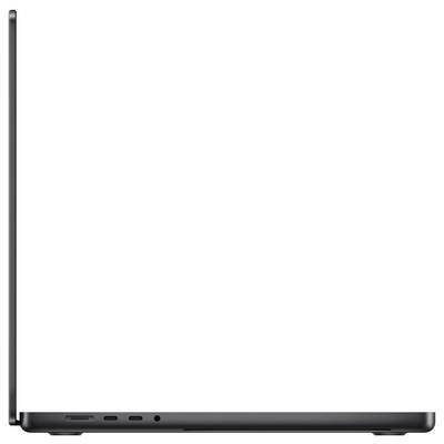 Ein seitliches Profil eines geöffneten Laptops in Schwarz, Display nach links, mit sichtbaren Anschlüssen einschließlich USB-C.