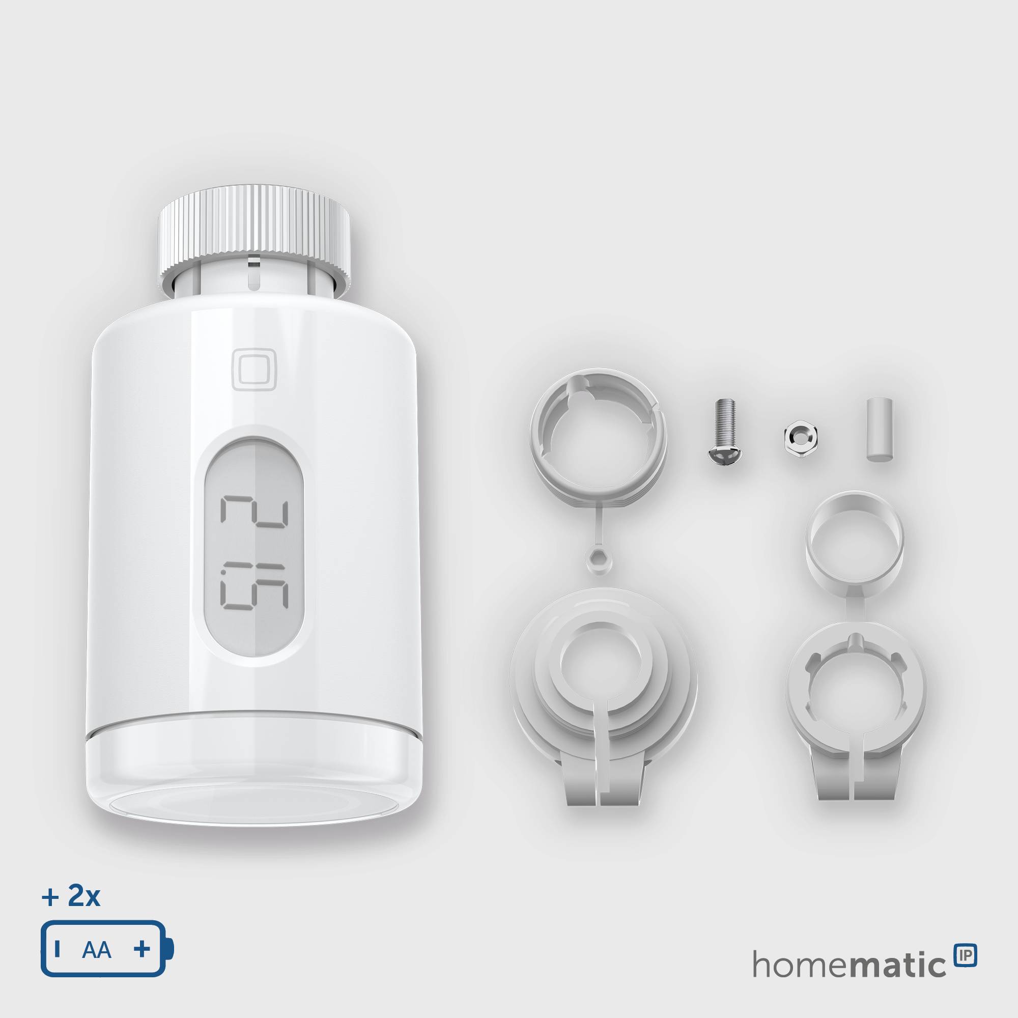 'Smarter Heizkörperthermostat' für Heizungssteuerung. Enthalten sind Thermostat, Befestigungsringe, Schraube, Adapter und Batterien.