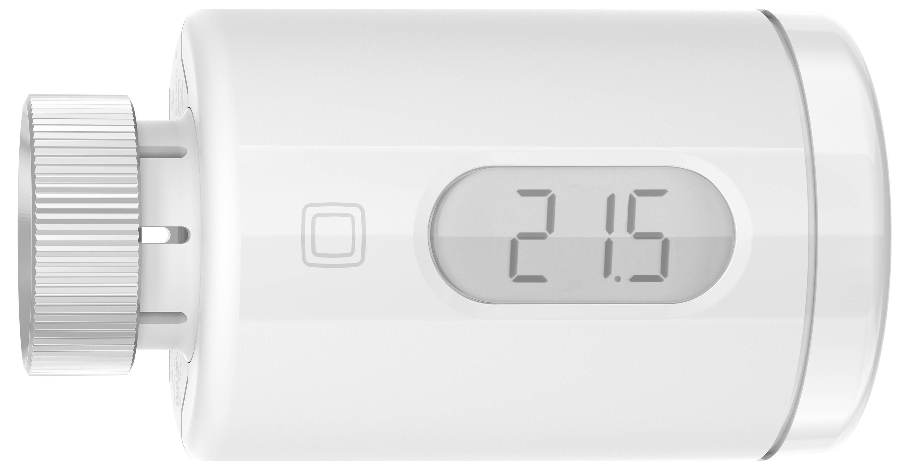 Ein digitales Thermostat in seitlicher Ansicht zeigt '21,5' auf dem Display an.