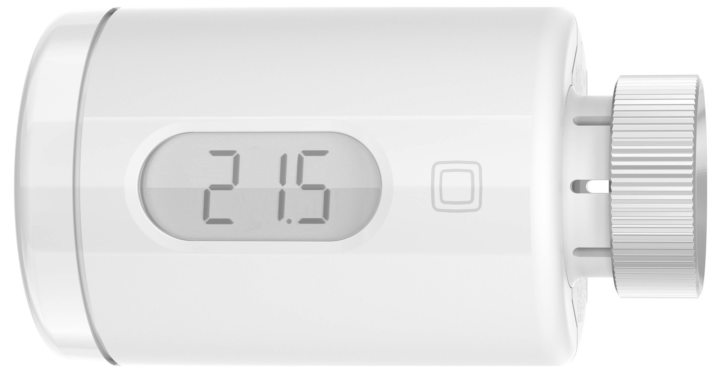 Ein weißes, zylindrisches Thermostatventil mit digitaler Anzeige zeigt '21,5'. Rechts ein silberner Drehregler.