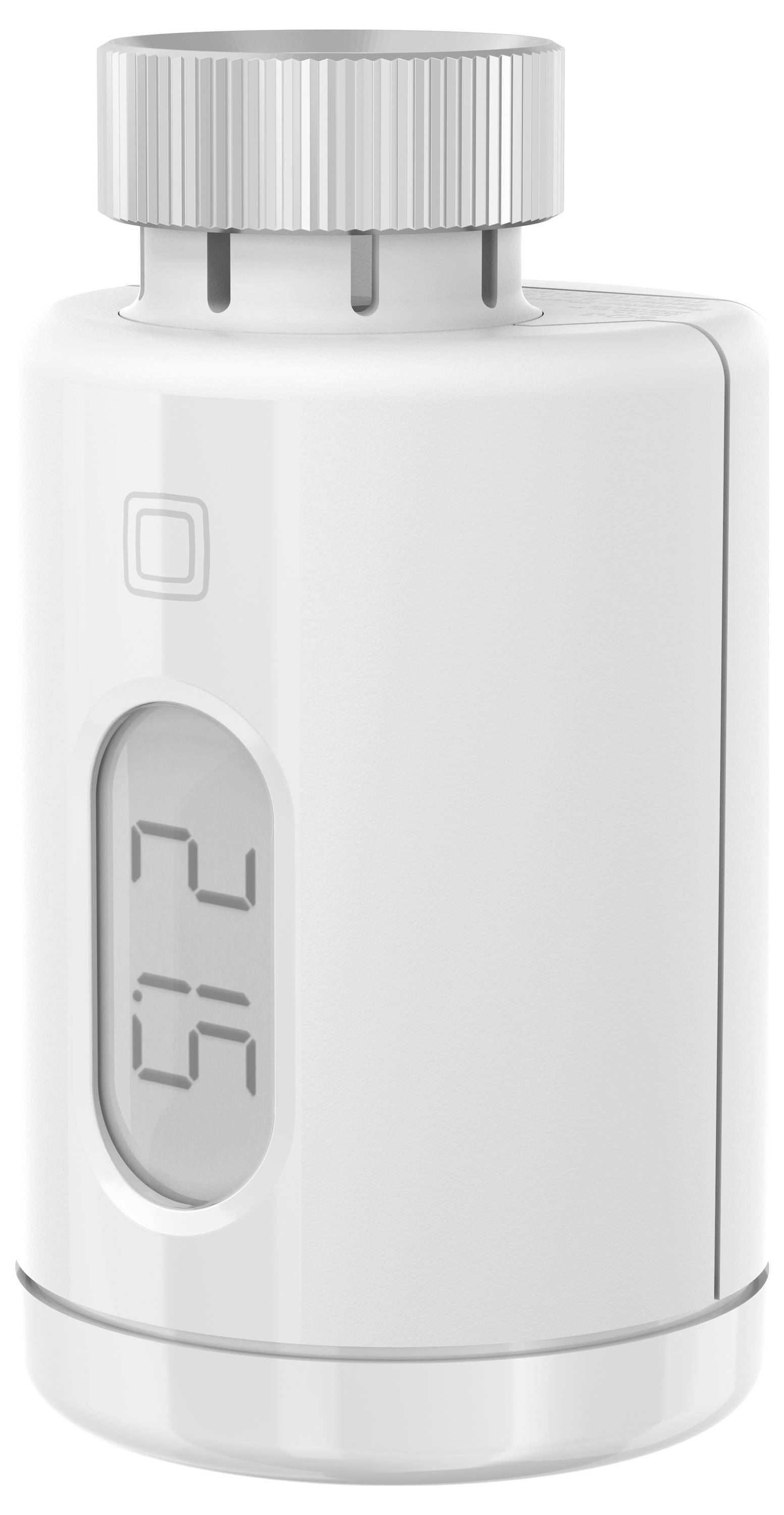 Weißer, zylindrischer Thermostat mit digitalem Display und großem Regler oben, zeigt aktuelle Temperatur von 20,5 Grad Celsius an.