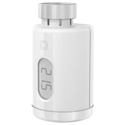 Weißer, zylindrischer Thermostat mit digitalem Display und großem Regler oben, zeigt aktuelle Temperatur von 20,5 Grad Celsius an.