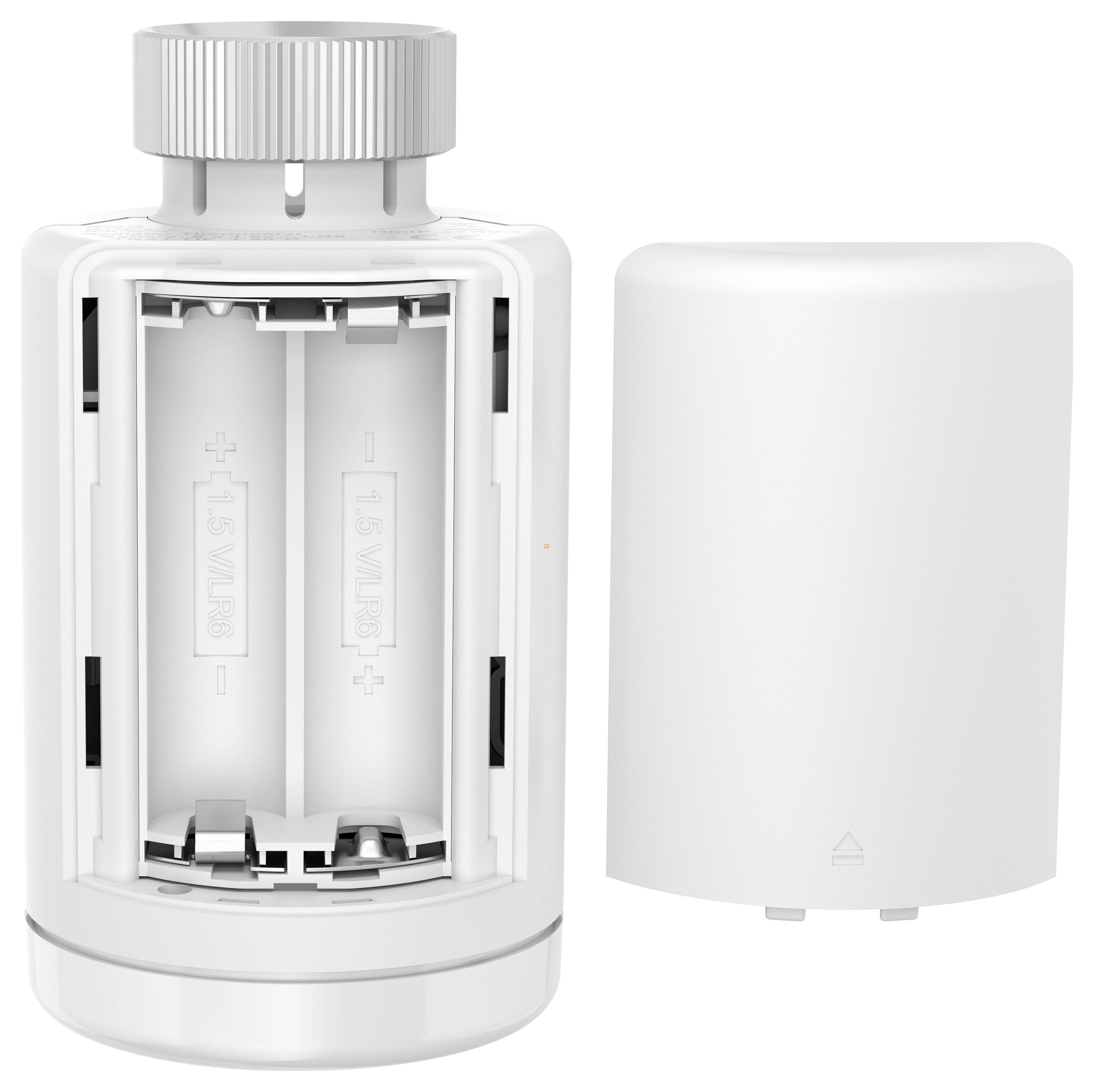 Batteriefach eines Geräts mit geöffnetem Deckel. Platz für zwei 1,5 V LR6-Batterien sichtbar.