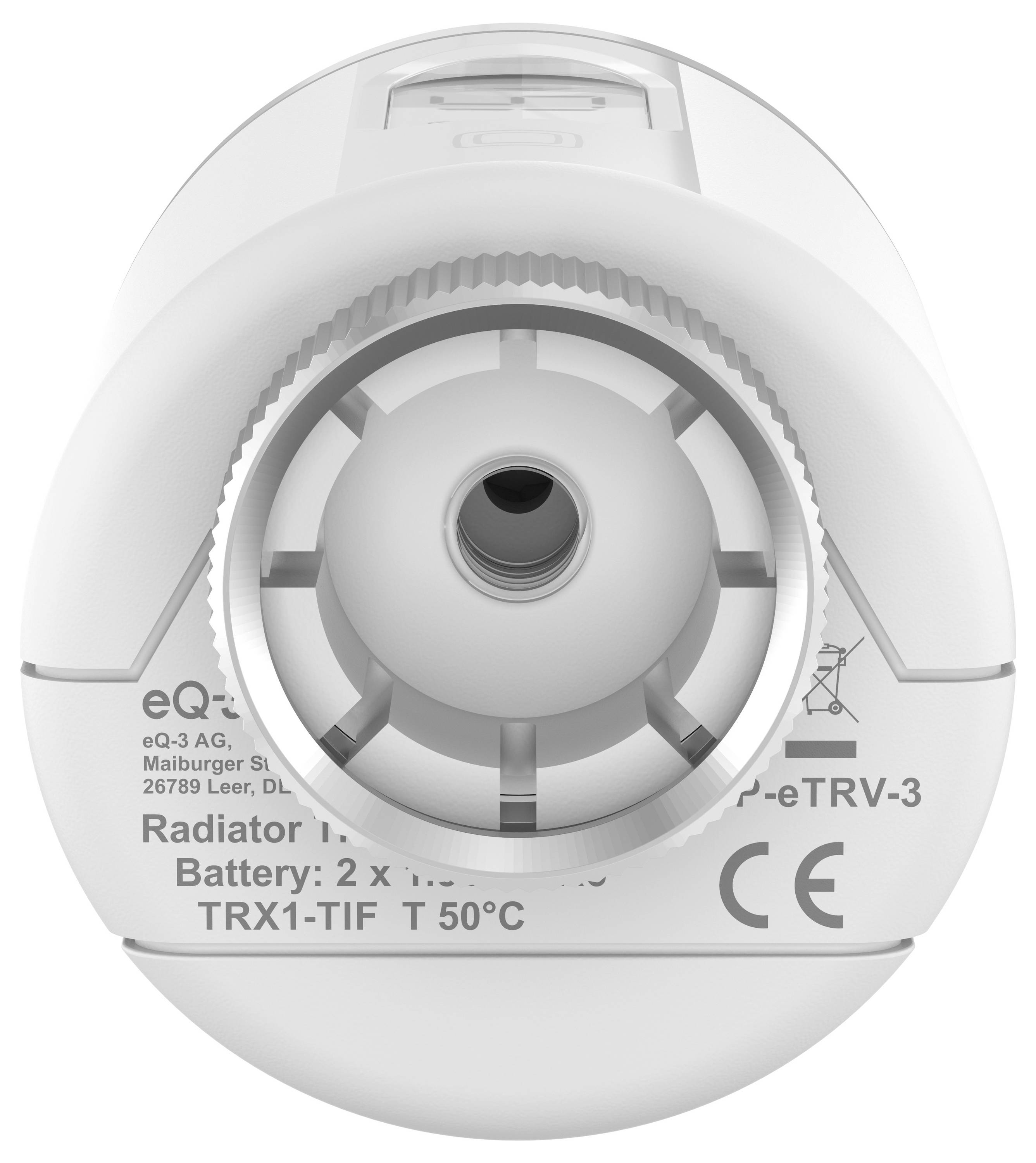 Thermostatregler von vorne, zeigt die zentrale Öffnung zur Montage auf einem Heizkörper. Text und Symbole zur Spezifikation sind sichtbar.
