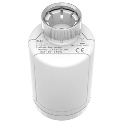 Weißes Thermostatgerät mit Batteriefach, CE-Zeichen, Modell HmIP-eTRV-3, Batterietyp 2 x 1,5 V LR6 angegeben, Temperaturbereich bis 50°C.