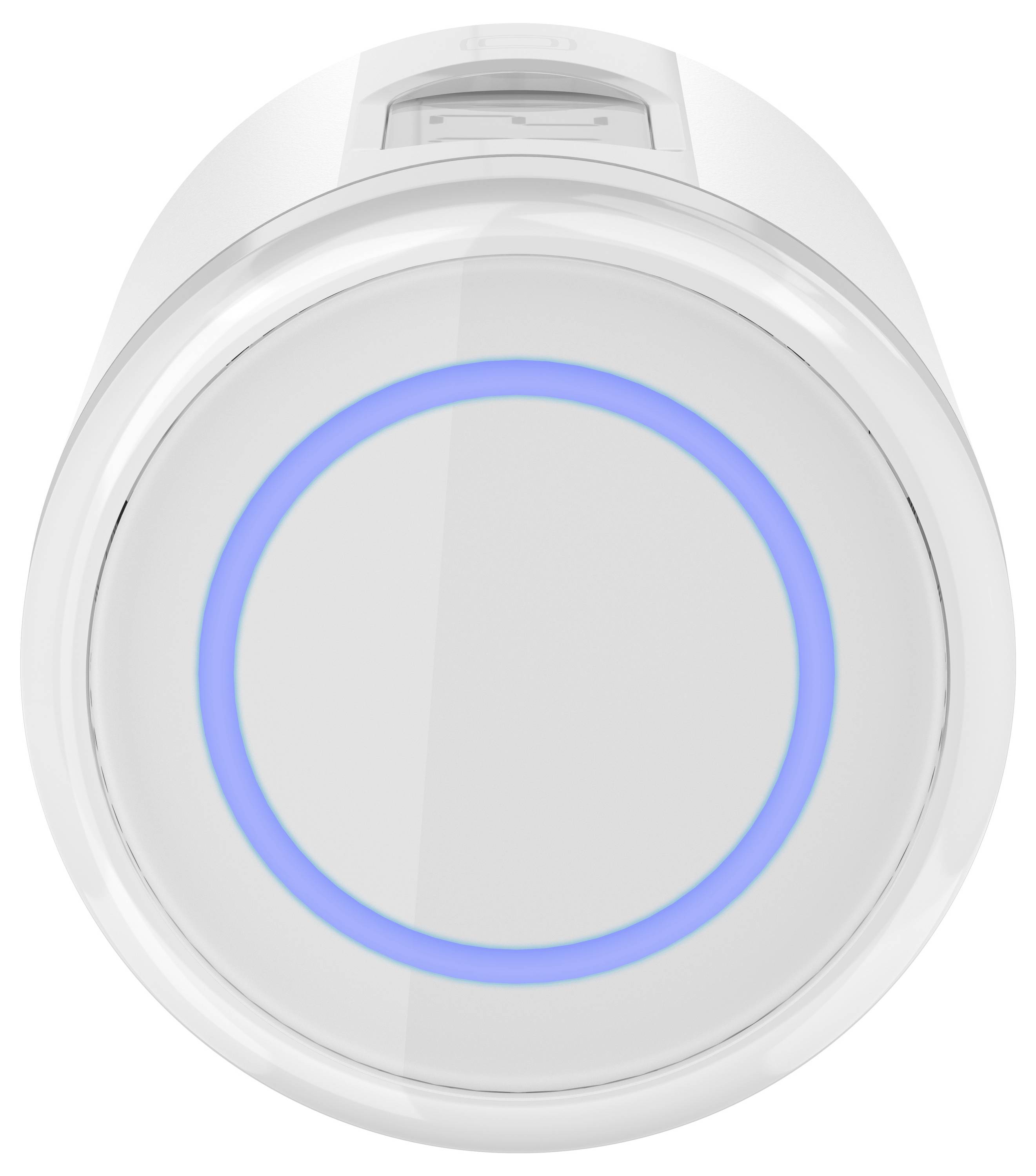 Ein runder, weißer WLAN-Router mit blauer LED-Anzeige in der Mitte, zeigt den Betriebszustand an.