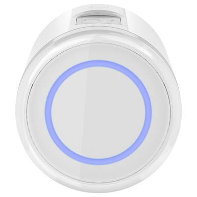 Ein runder, weißer WLAN-Router mit blauer LED-Anzeige in der Mitte, zeigt den Betriebszustand an.