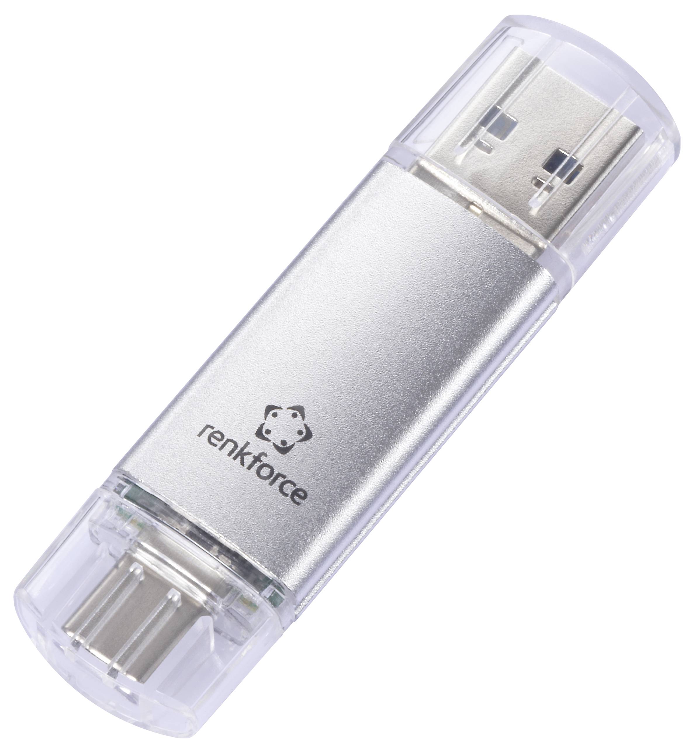 Silberner USB-Stick mit dem Logo 'renkforce', transparenten Kappen und Anschlüssen auf beiden Enden.